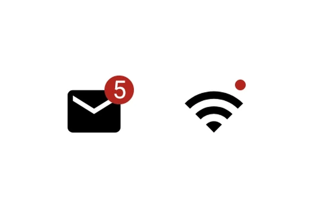 Mail icon with a count badge of 5 and a wifi icon with a small dot badge