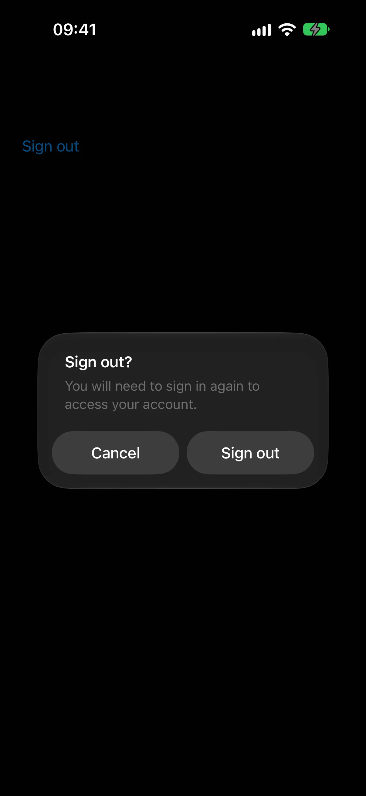 Alert titled Sign out? with a message and Cancel and Sign out buttons