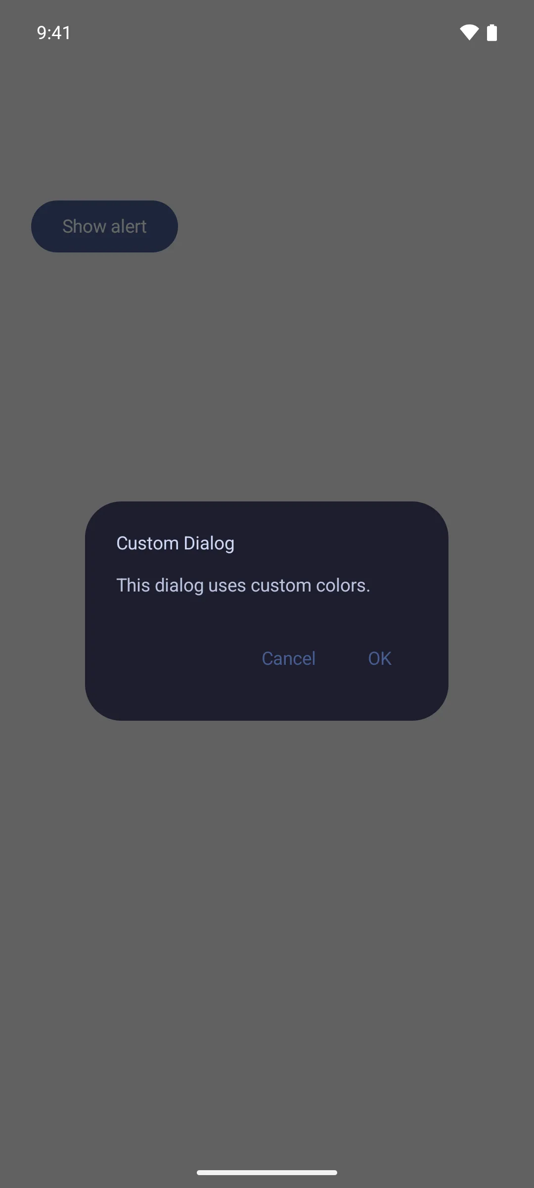 An alert dialog with a dark navy container and light text, overriding the theme colors