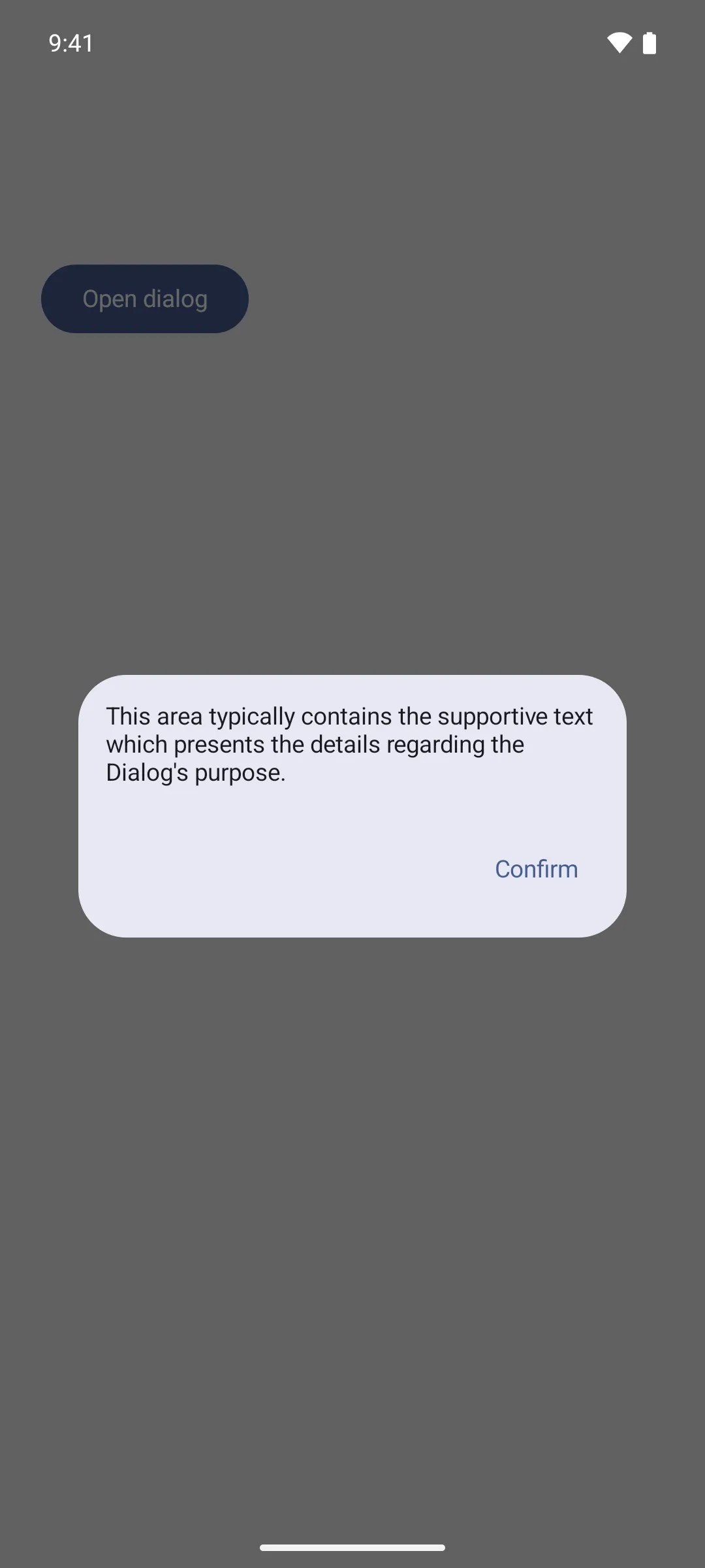 A dialog holding custom content: supportive text with a Confirm button at the trailing edge