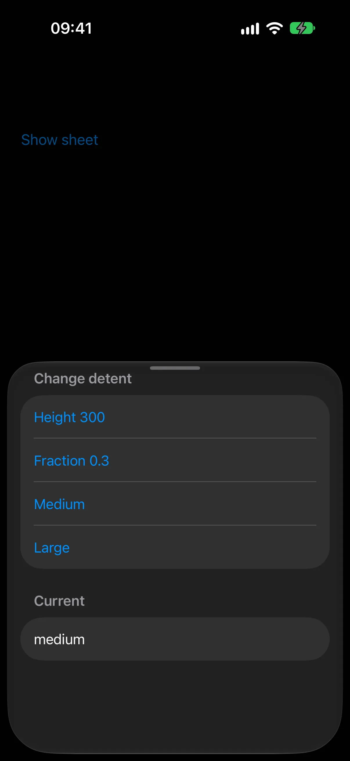 A bottom sheet listing detent options with the current detent shown as medium