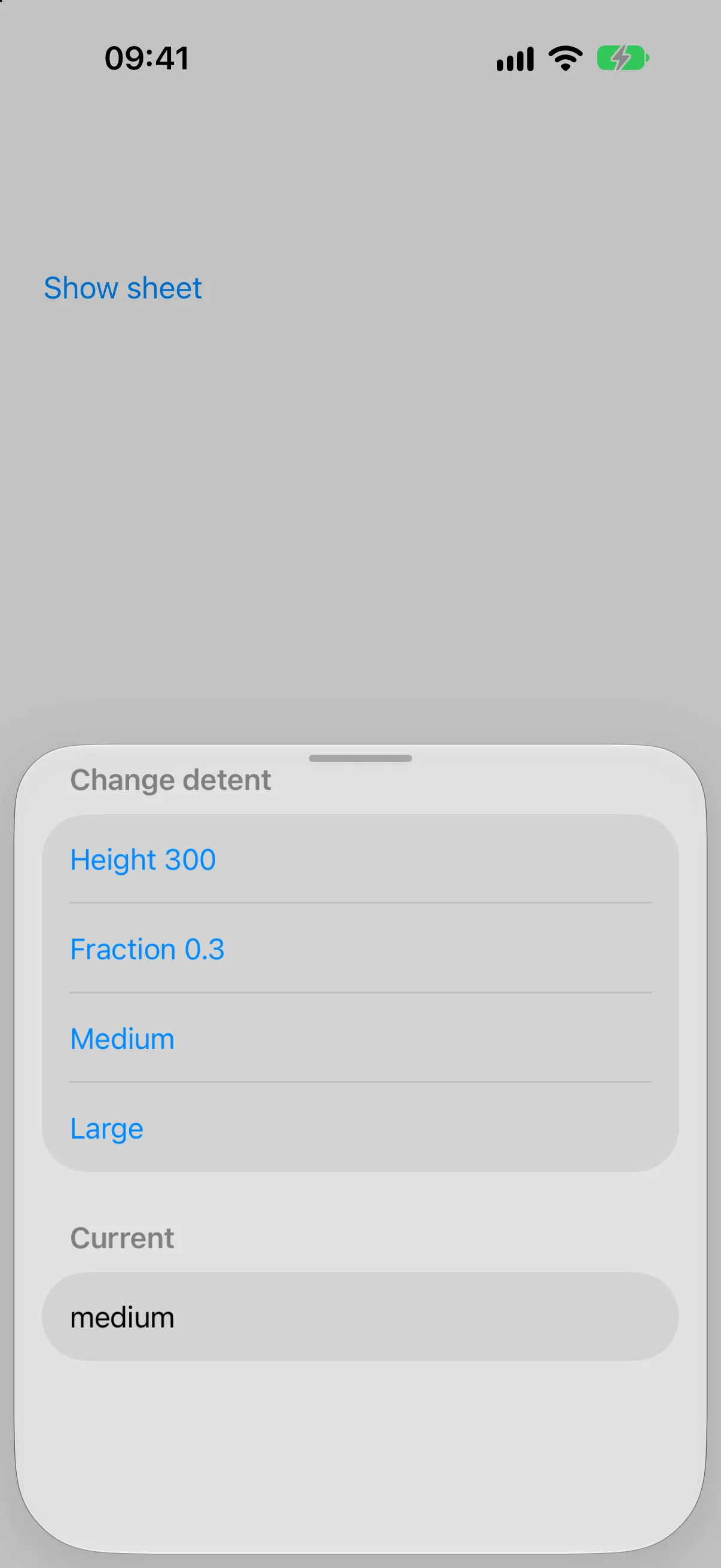 A bottom sheet listing detent options with the current detent shown as medium