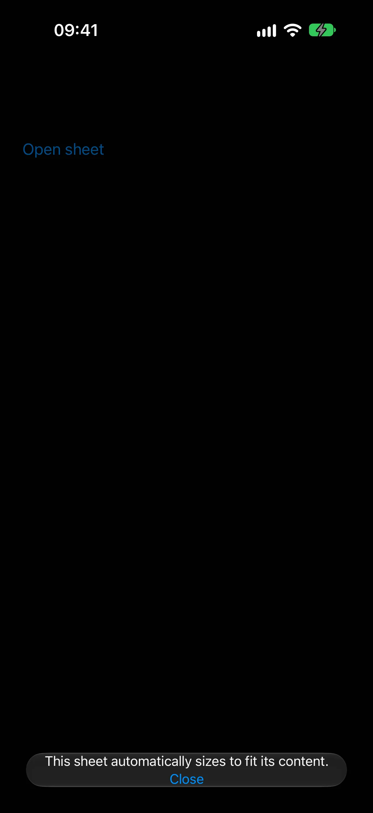 A bottom sheet sized to one line of text and a Close button