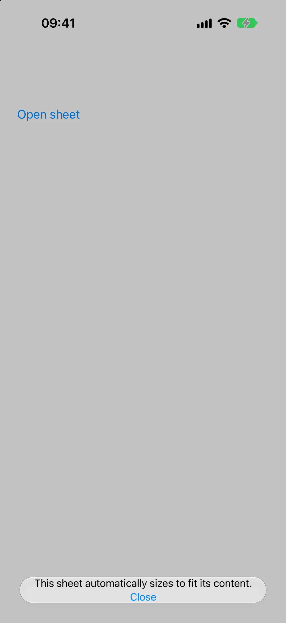 A bottom sheet sized to one line of text and a Close button