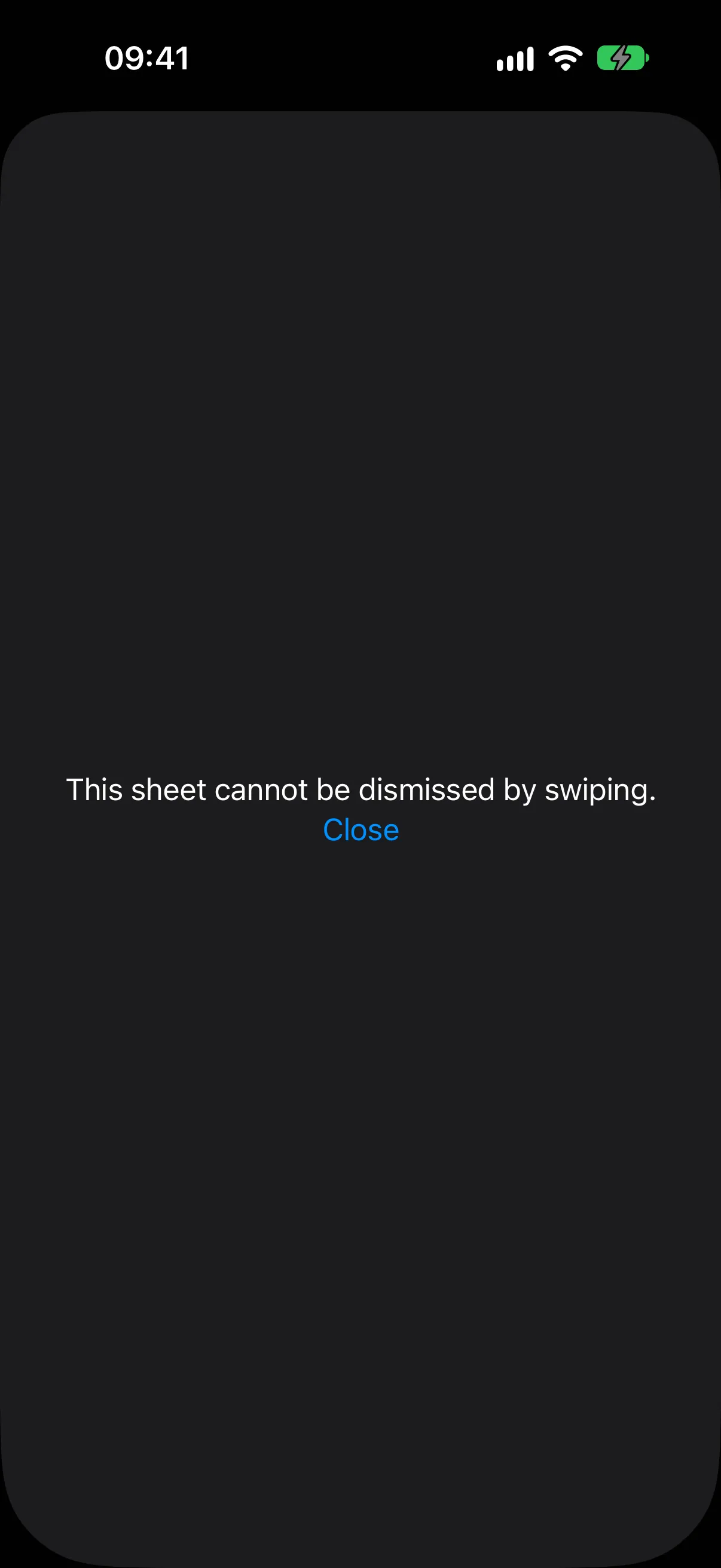 A full-height bottom sheet with text and a Close button