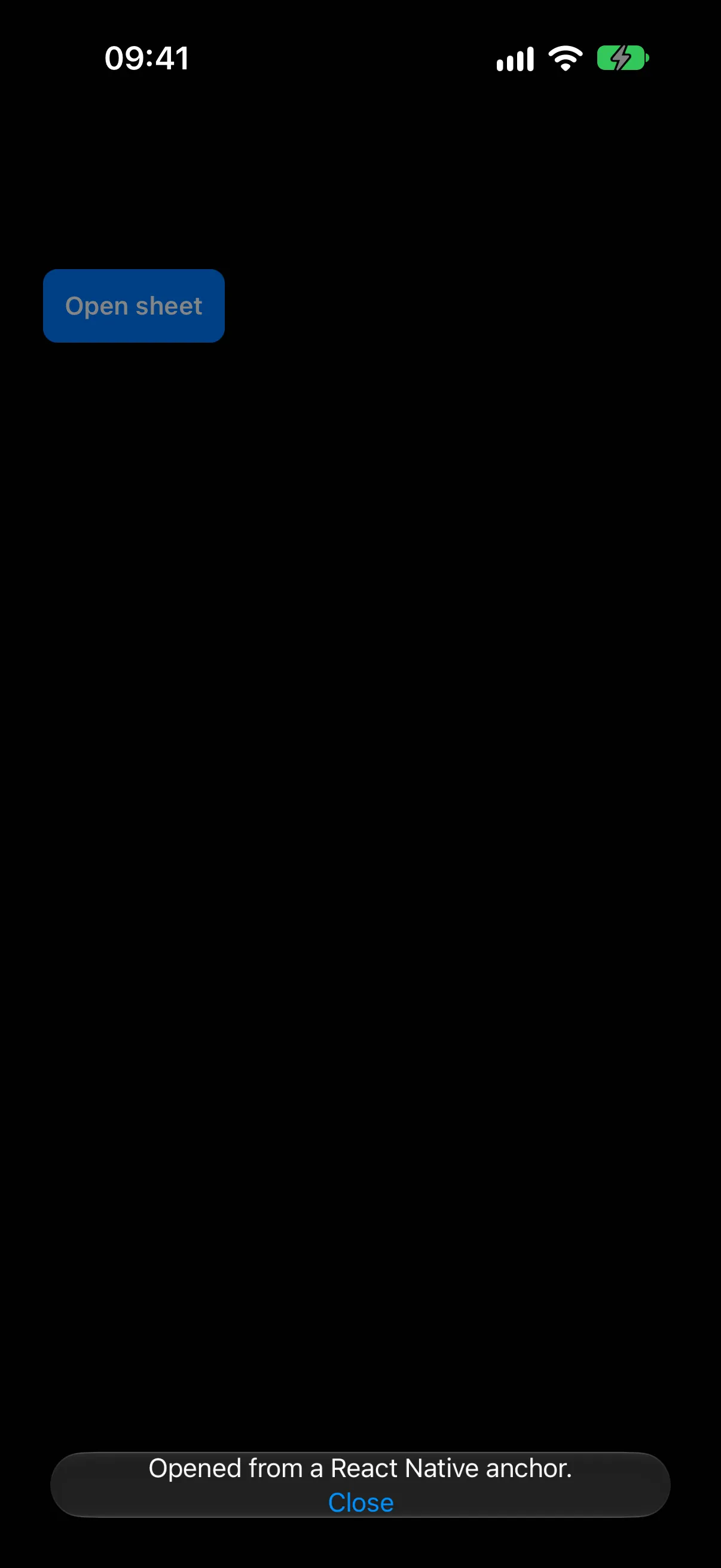 A blue React Native button above a bottom sheet sized to its content