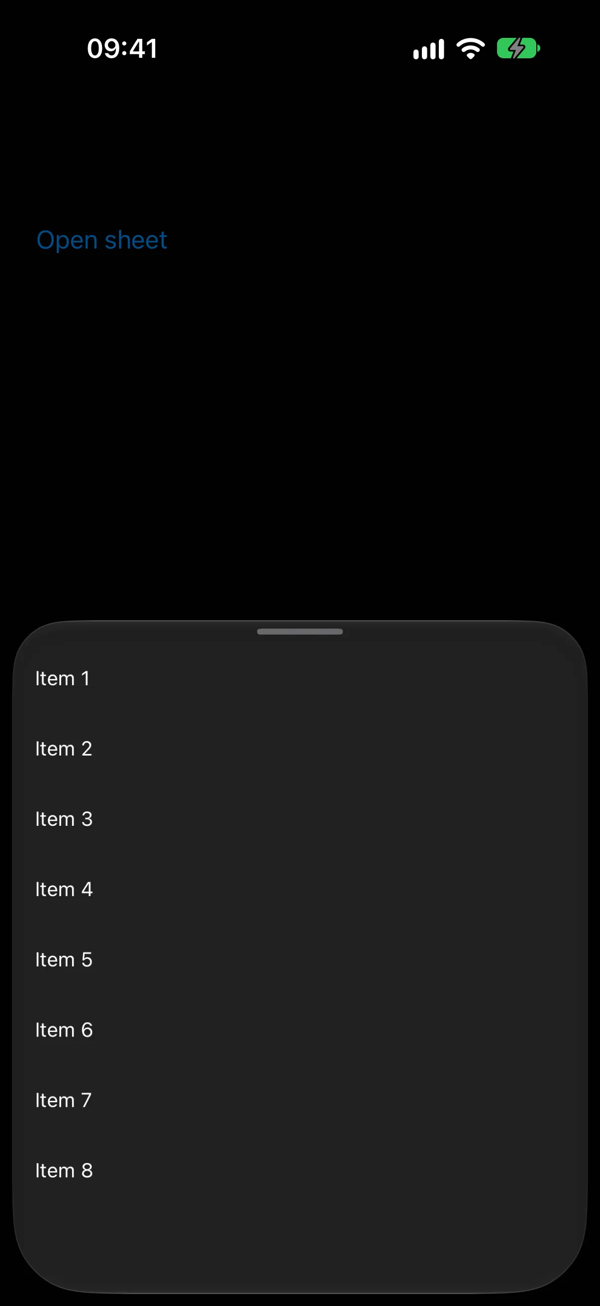 A bottom sheet at the medium detent listing Item 1 through Item 8