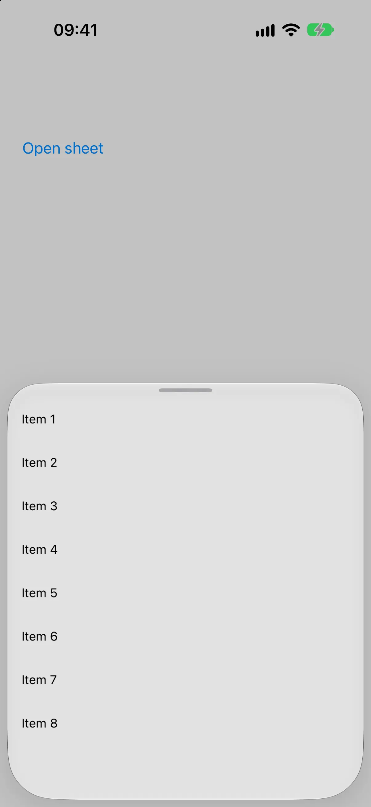 A bottom sheet at the medium detent listing Item 1 through Item 8