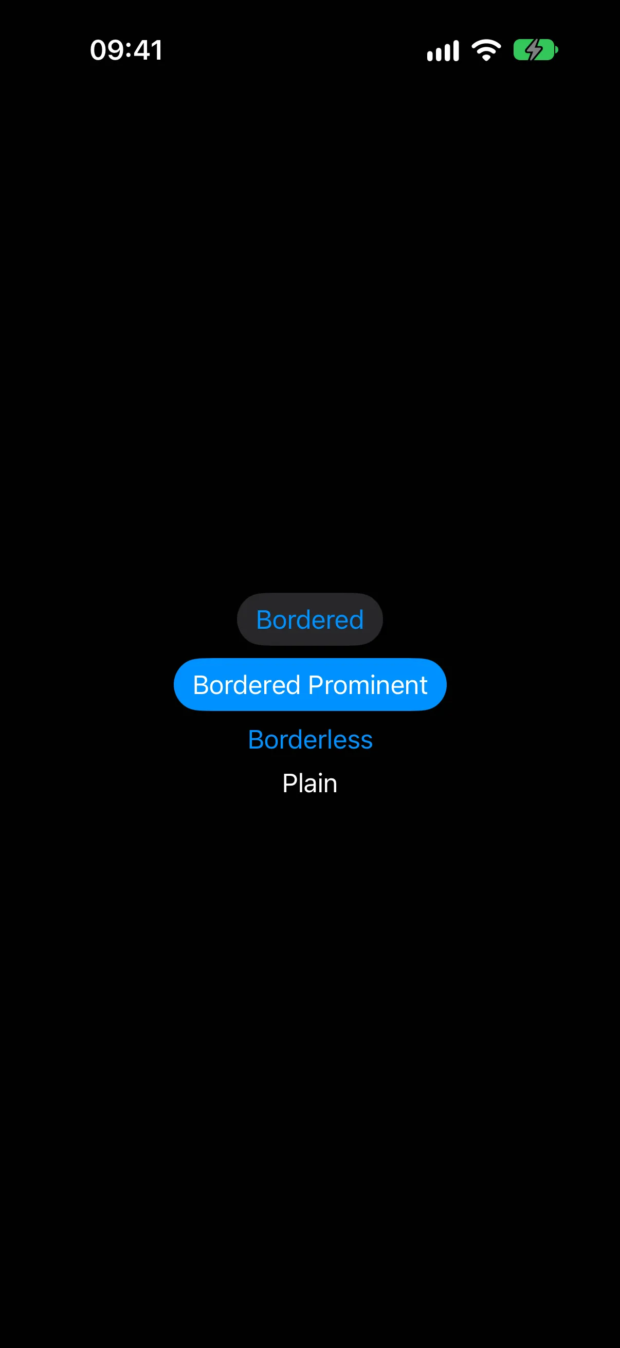Four buttons showing the bordered, bordered prominent, borderless, and plain styles