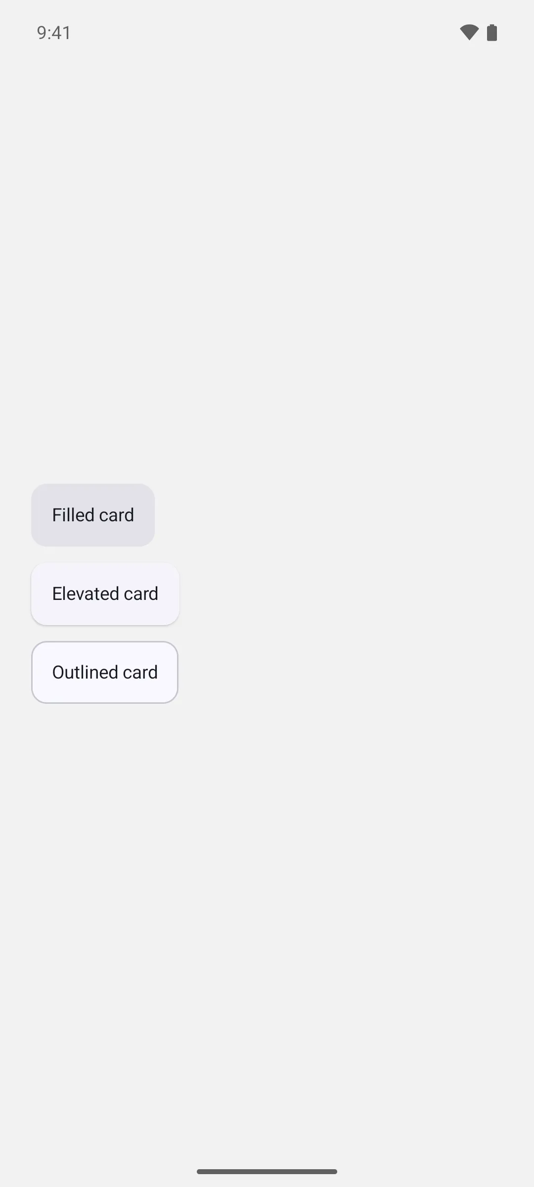 Filled, elevated, and outlined cards stacked in a column