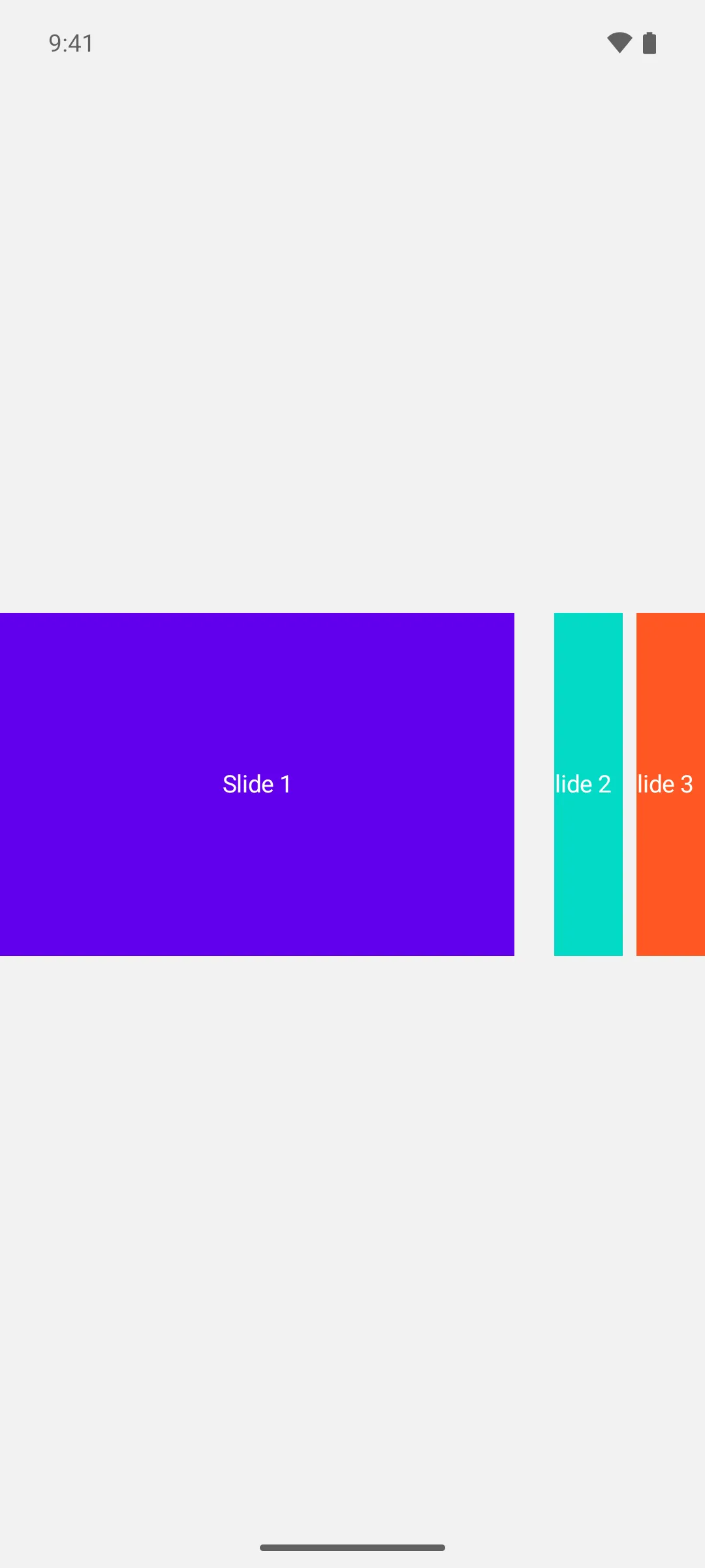 A wide purple hero slide with two narrow peek slides beside it