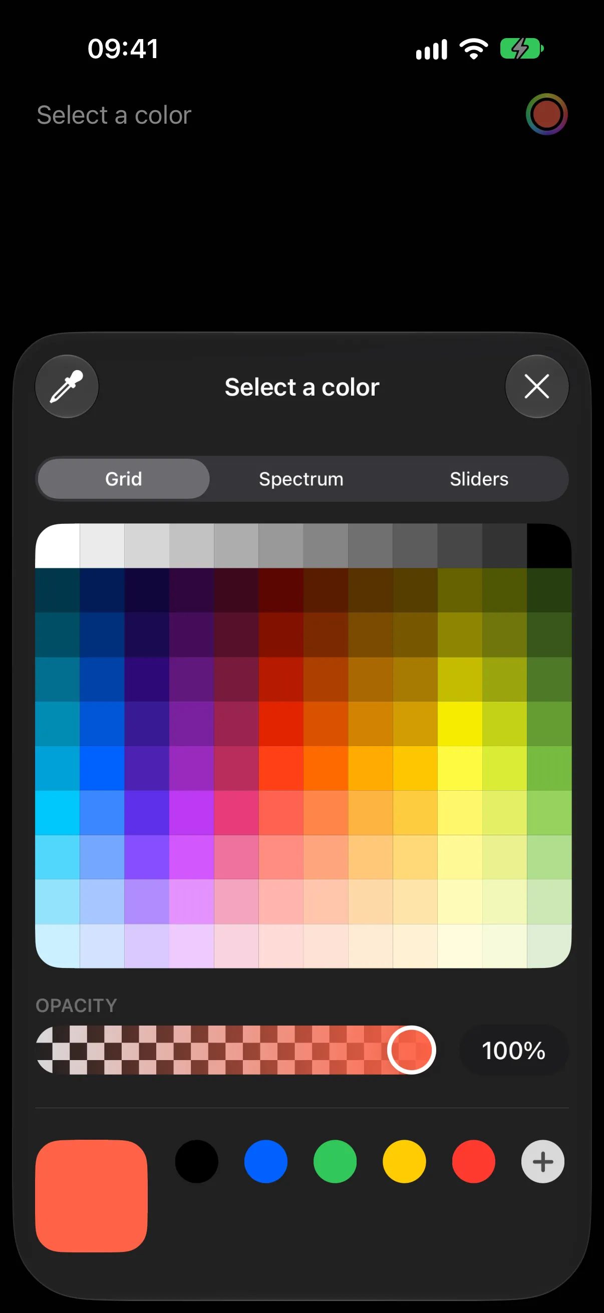 The system color picker sheet open on the Grid tab, with opacity at 100 percent