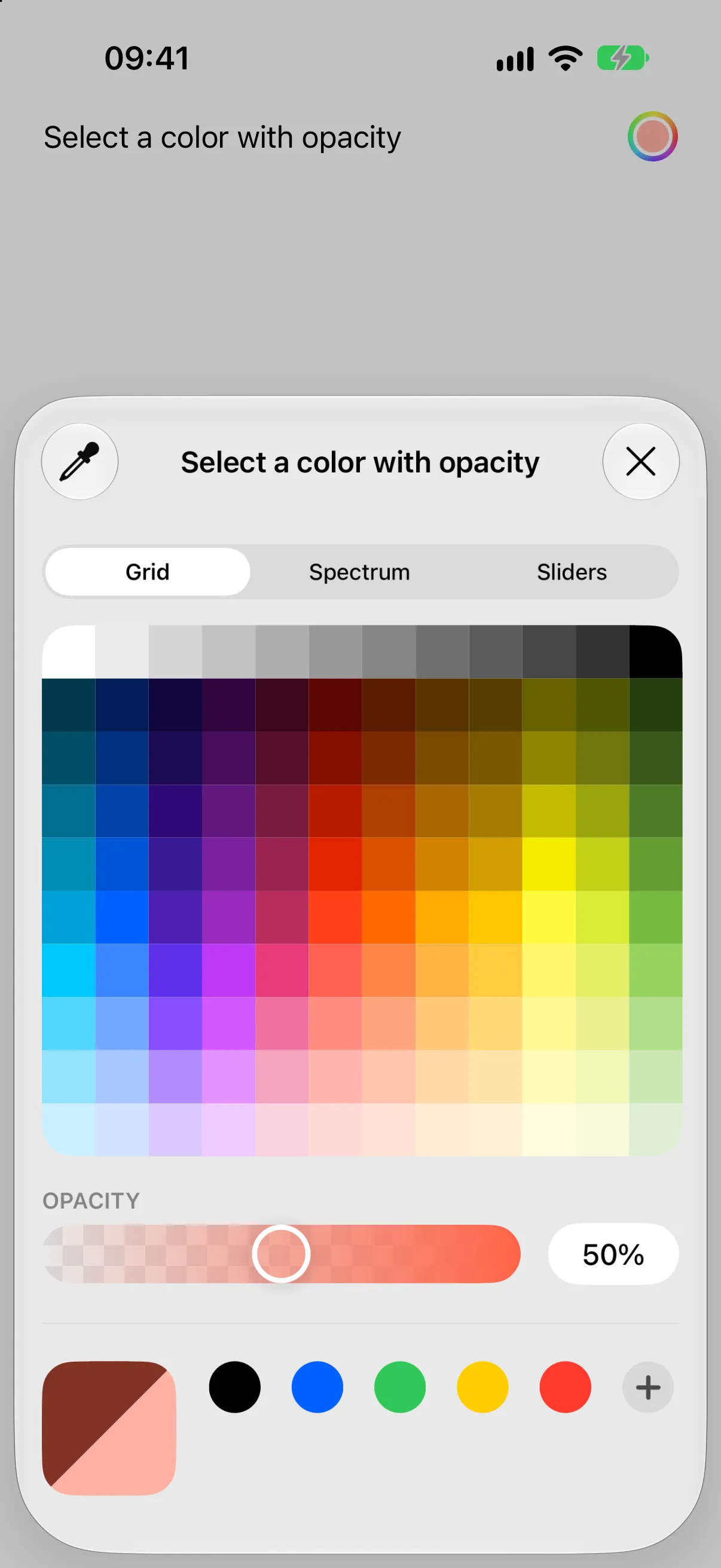 The system color picker sheet open on the Grid tab, with opacity at 50 percent