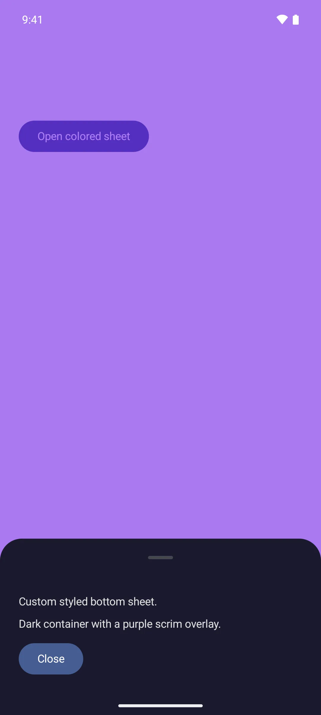 A dark bottom sheet behind a purple scrim overlay