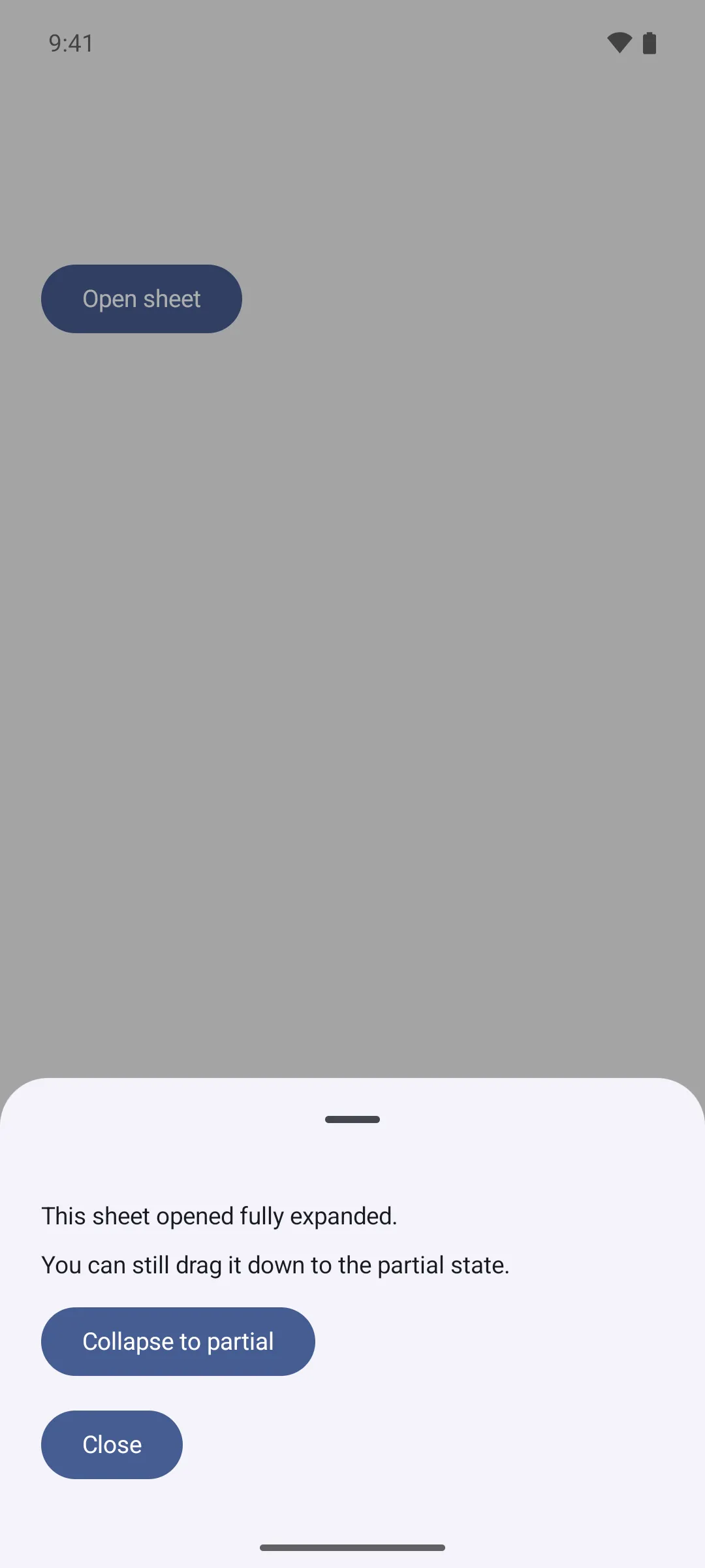 A fully expanded bottom sheet with Collapse to partial and Close buttons