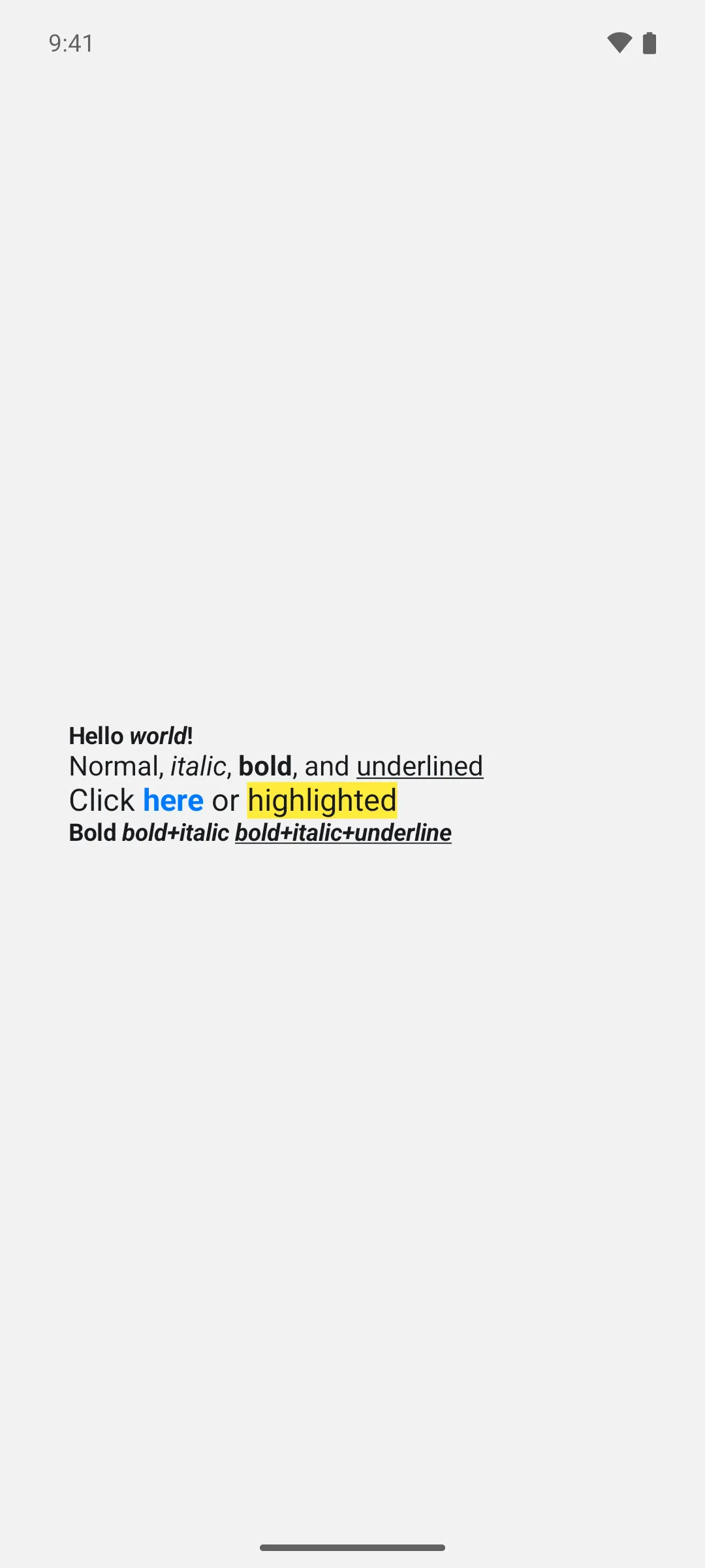 Four sentences with inline spans in italic, bold, underline, blue, and a yellow highlight