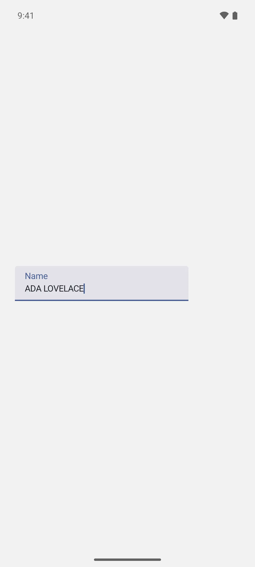 A text field labelled Name containing ADA LOVELACE, uppercased as it was typed