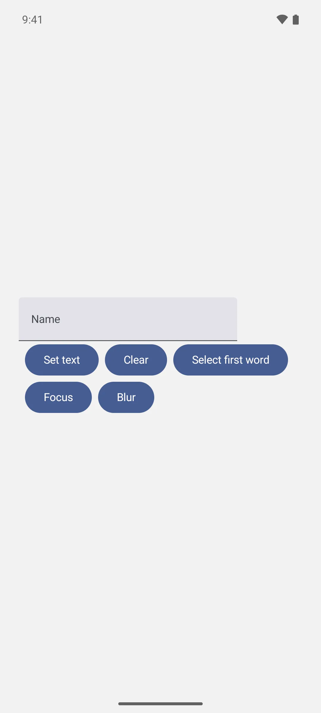 A text field above five buttons: Set text, Clear, Select first word, Focus, and Blur