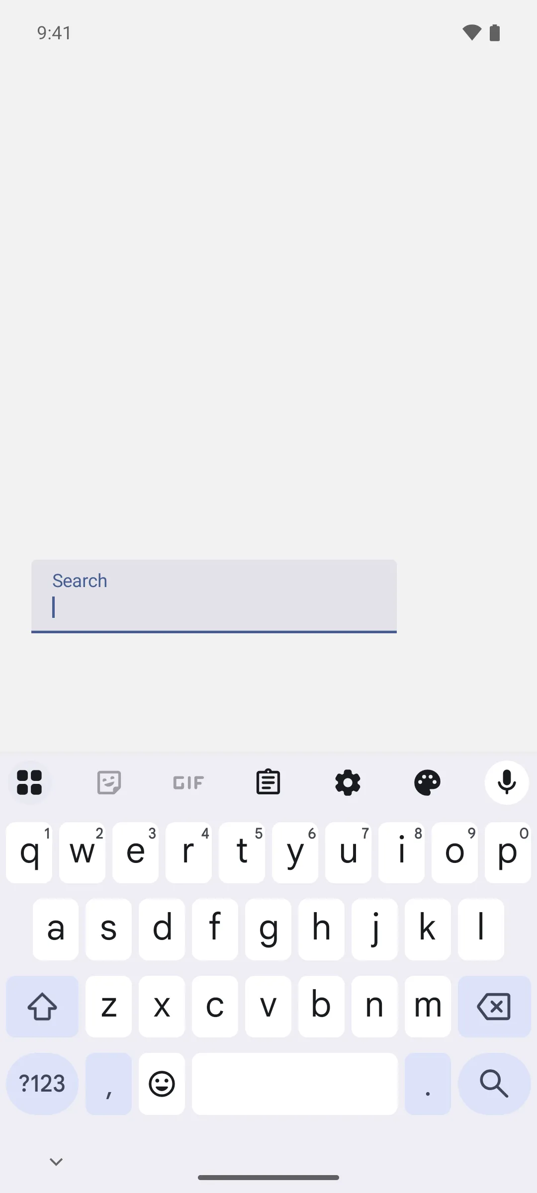 A focused search field above a keyboard whose action key is a magnifying glass
