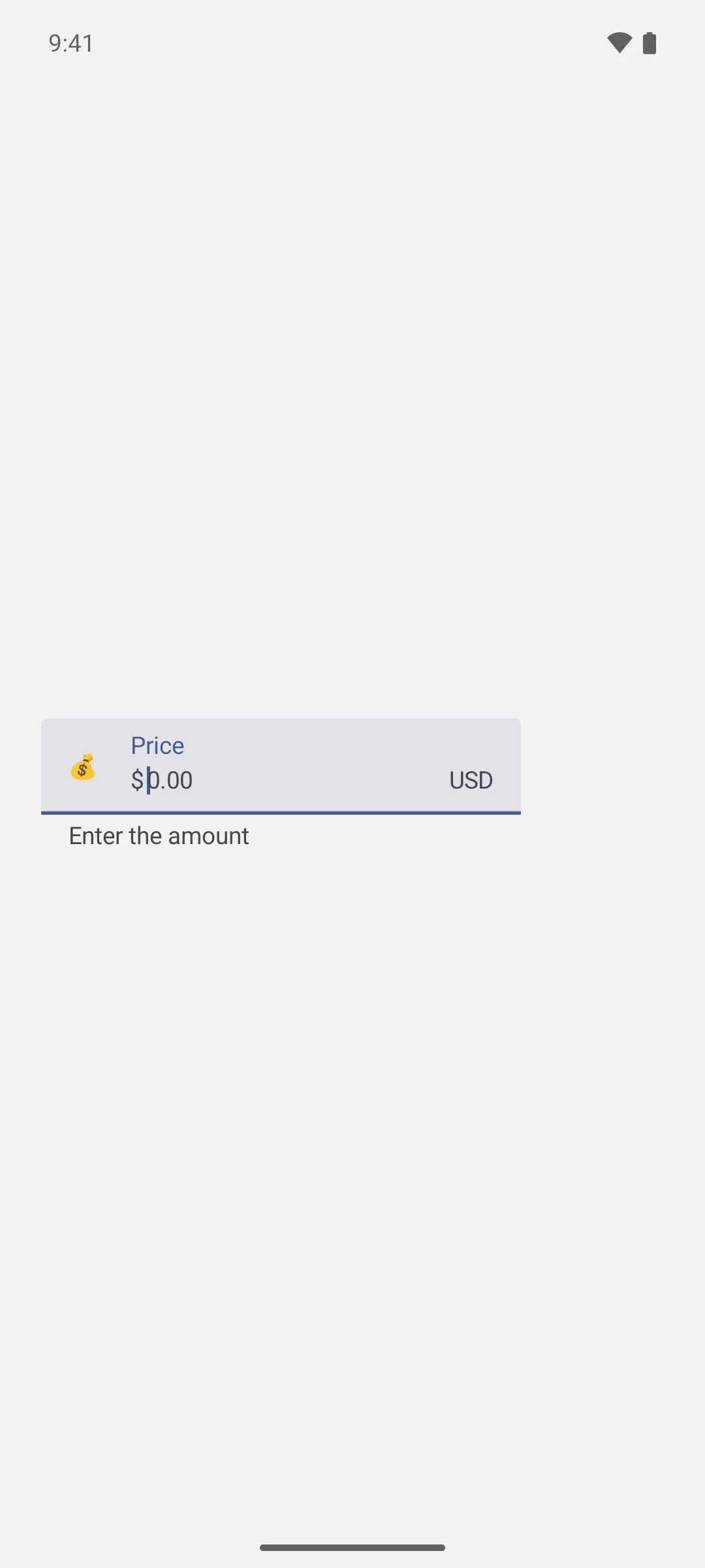 A focused text field showing a money icon, Price label, dollar prefix, placeholder, USD suffix, and supporting text