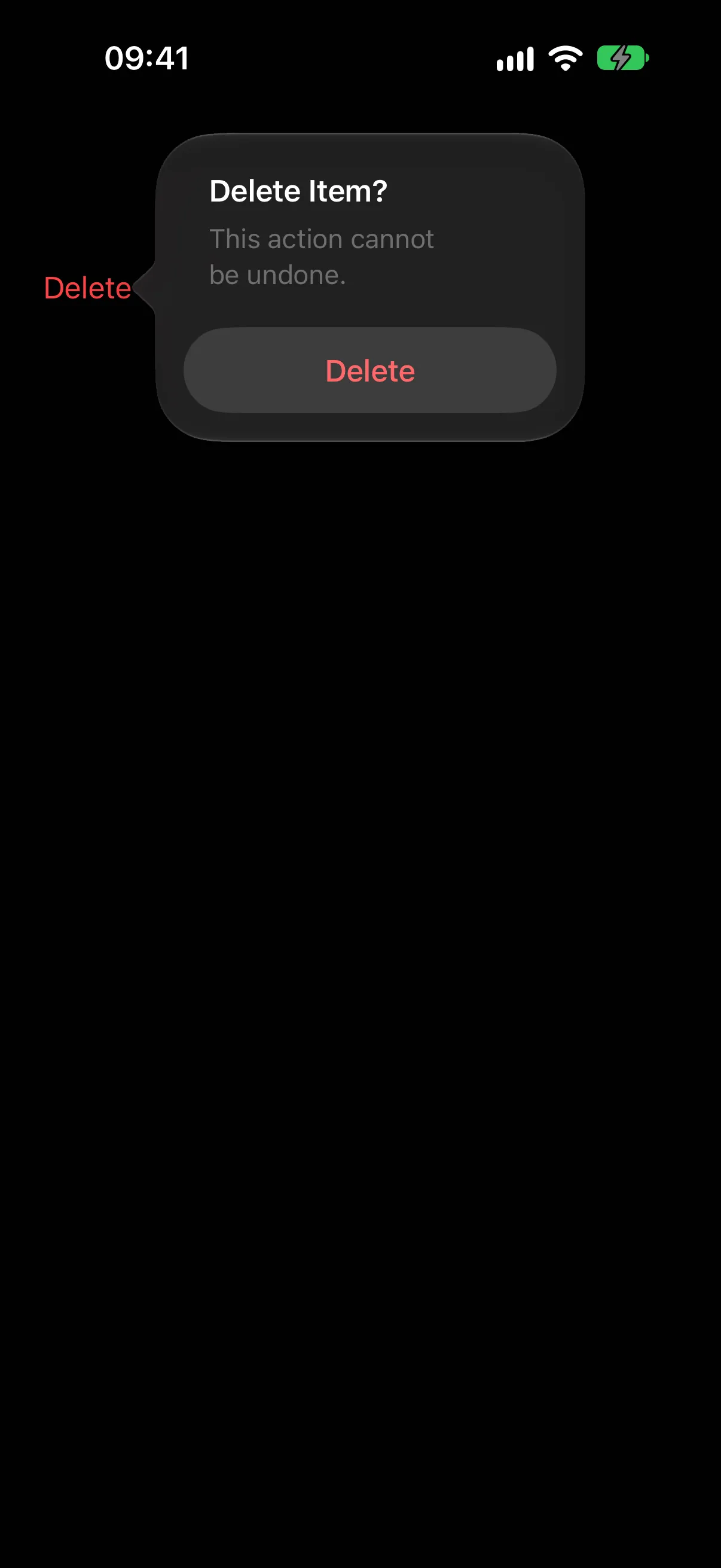 A dialog titled Delete Item? with a message and a red Delete button