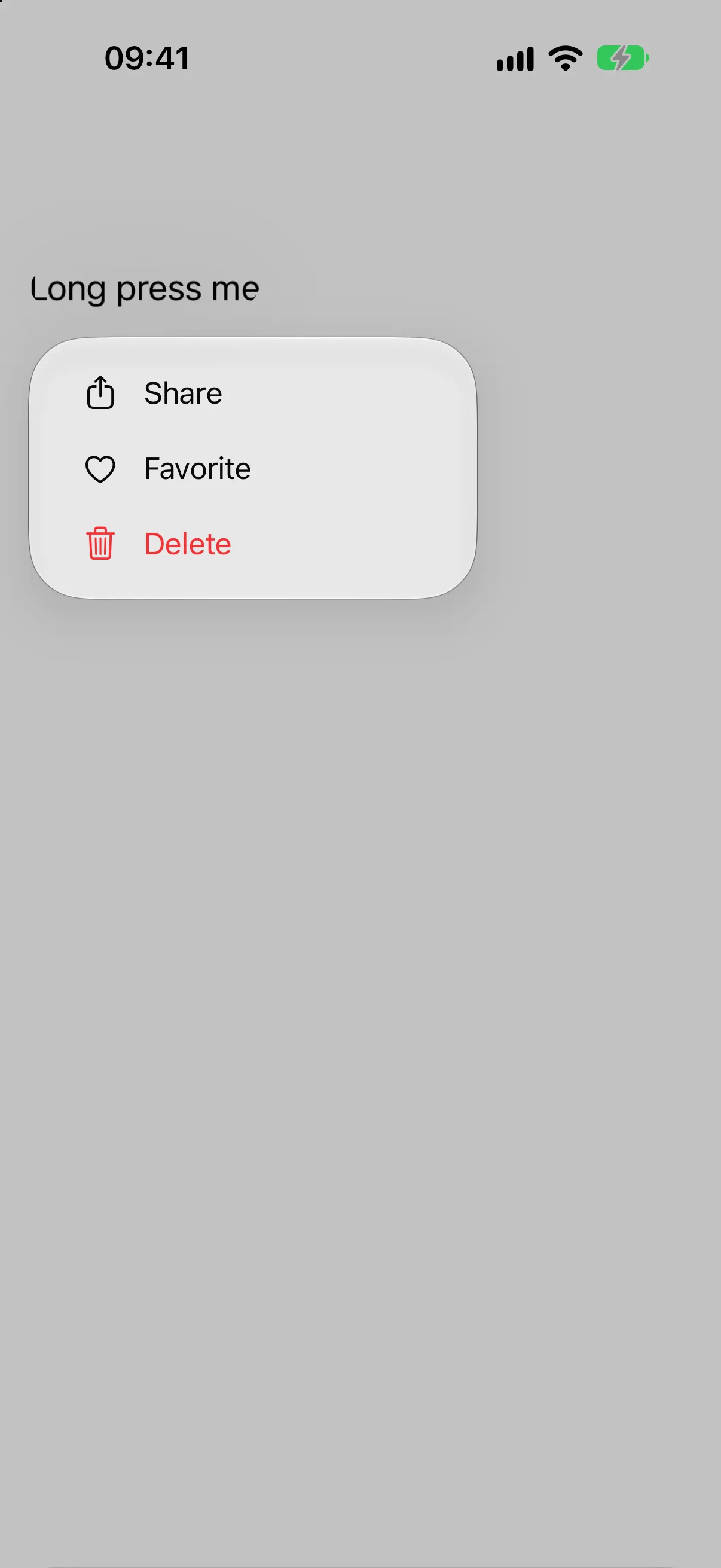 A context menu listing Share, Favorite, and a red Delete, each with an SF Symbol