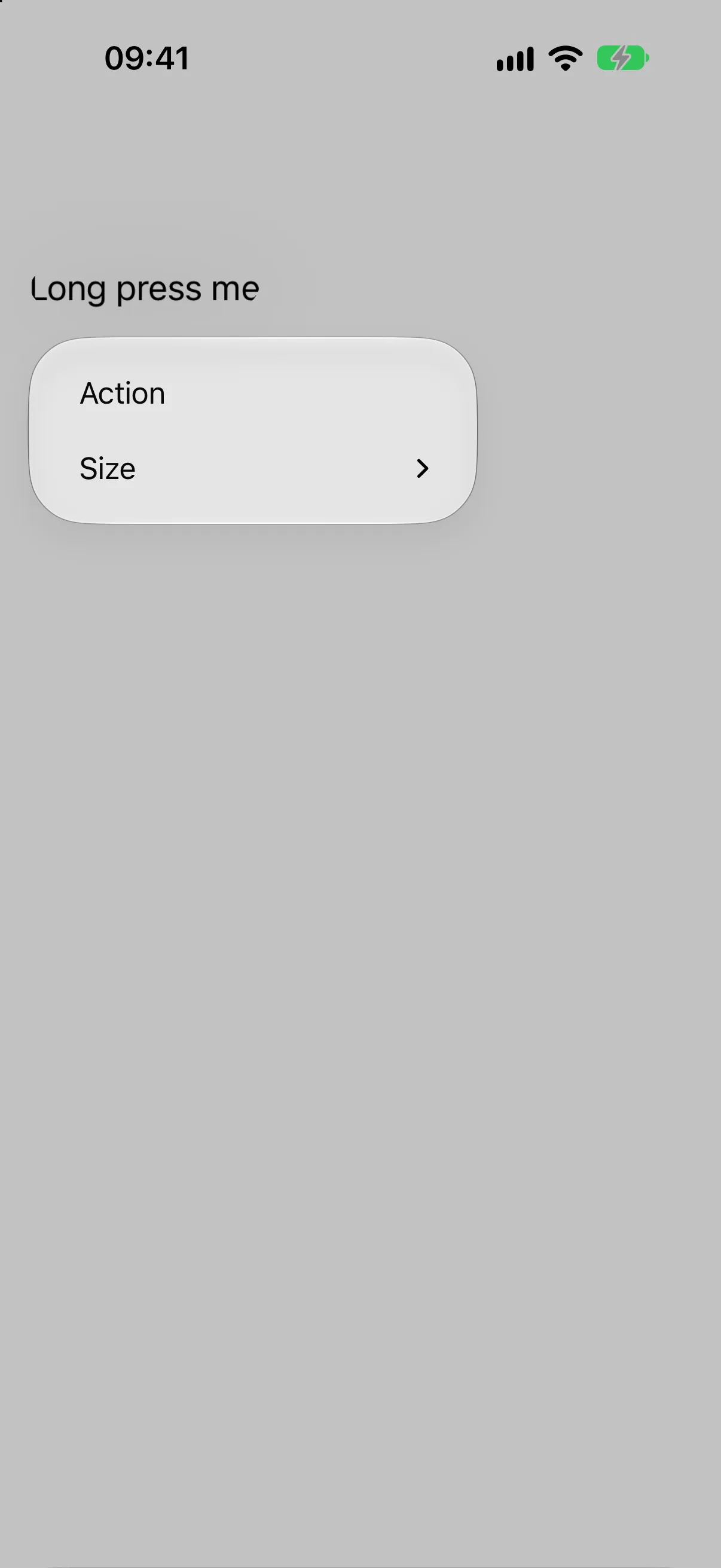 A context menu listing Action and a Size row with a submenu chevron