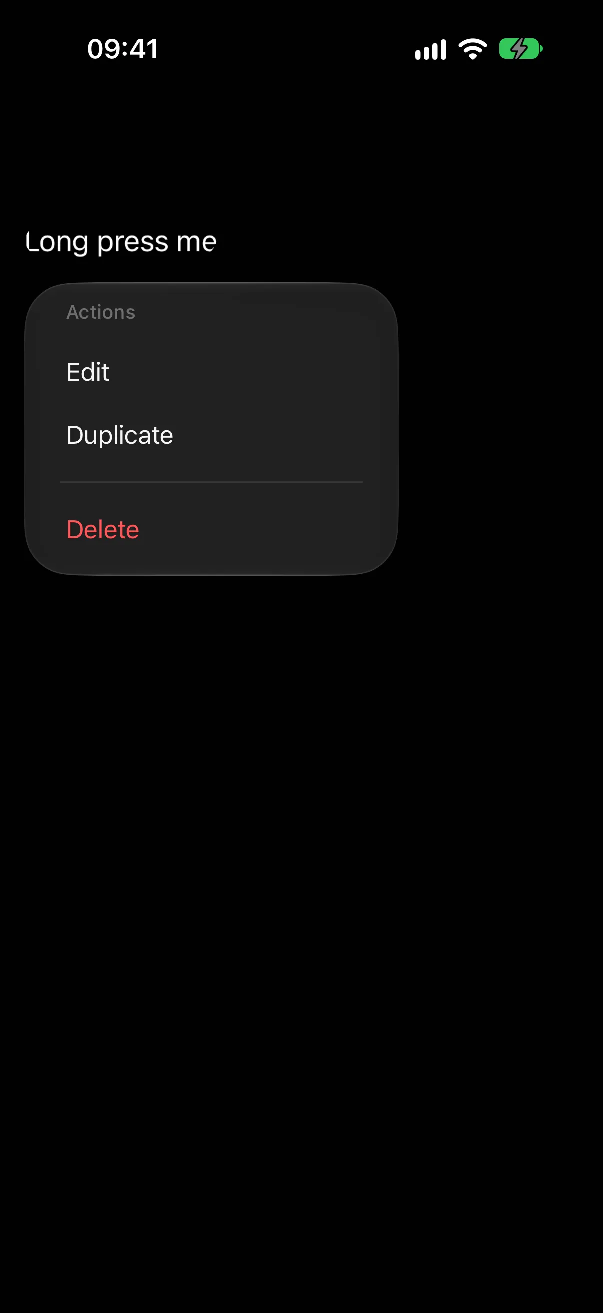 A context menu with an Actions section holding Edit and Duplicate, a divider, and Delete