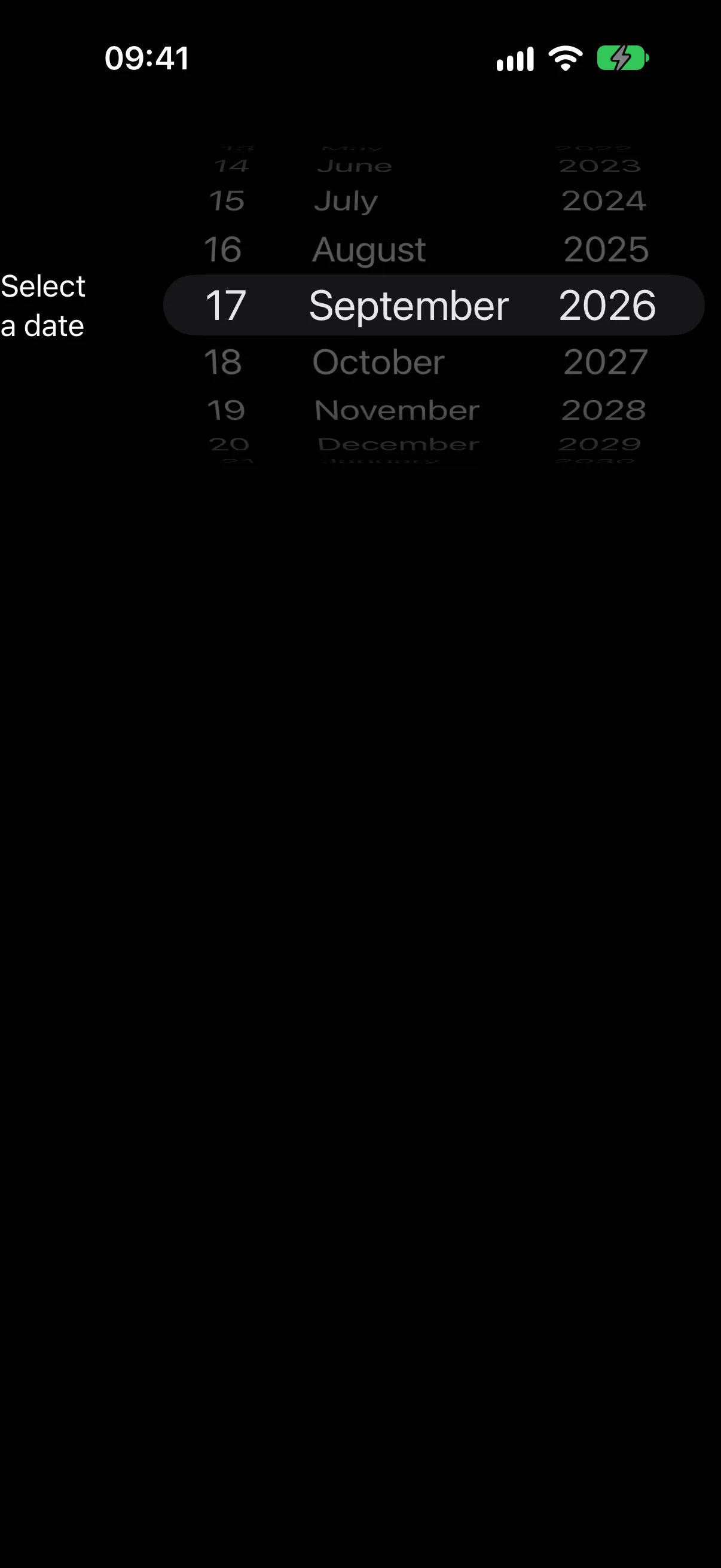 A wheel style picker with day, month, and year columns