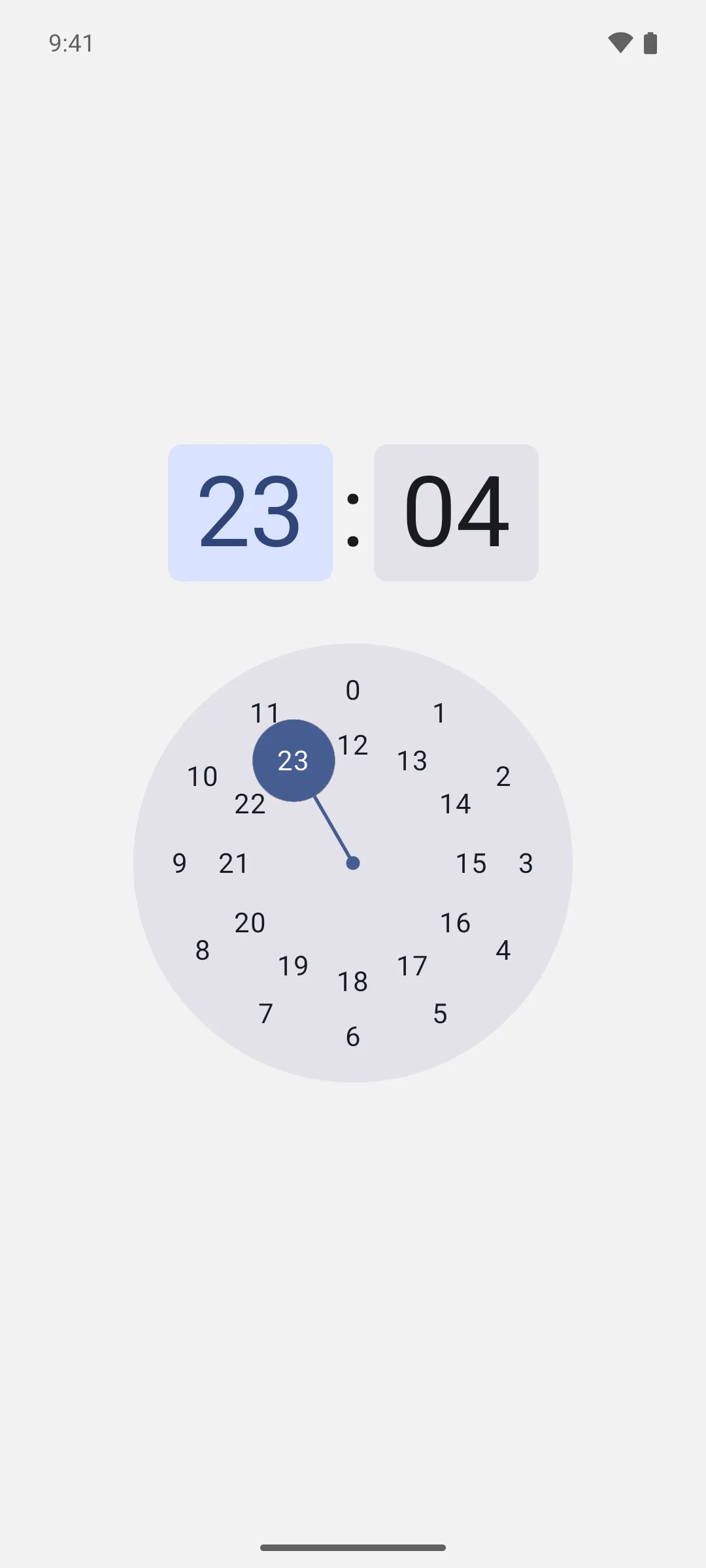 A 24-hour time picker dial set to 23:04 with the hour field selected