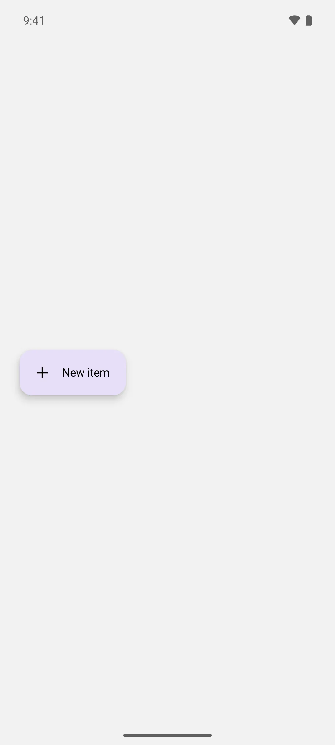 An extended floating action button with a light purple container and the label New item