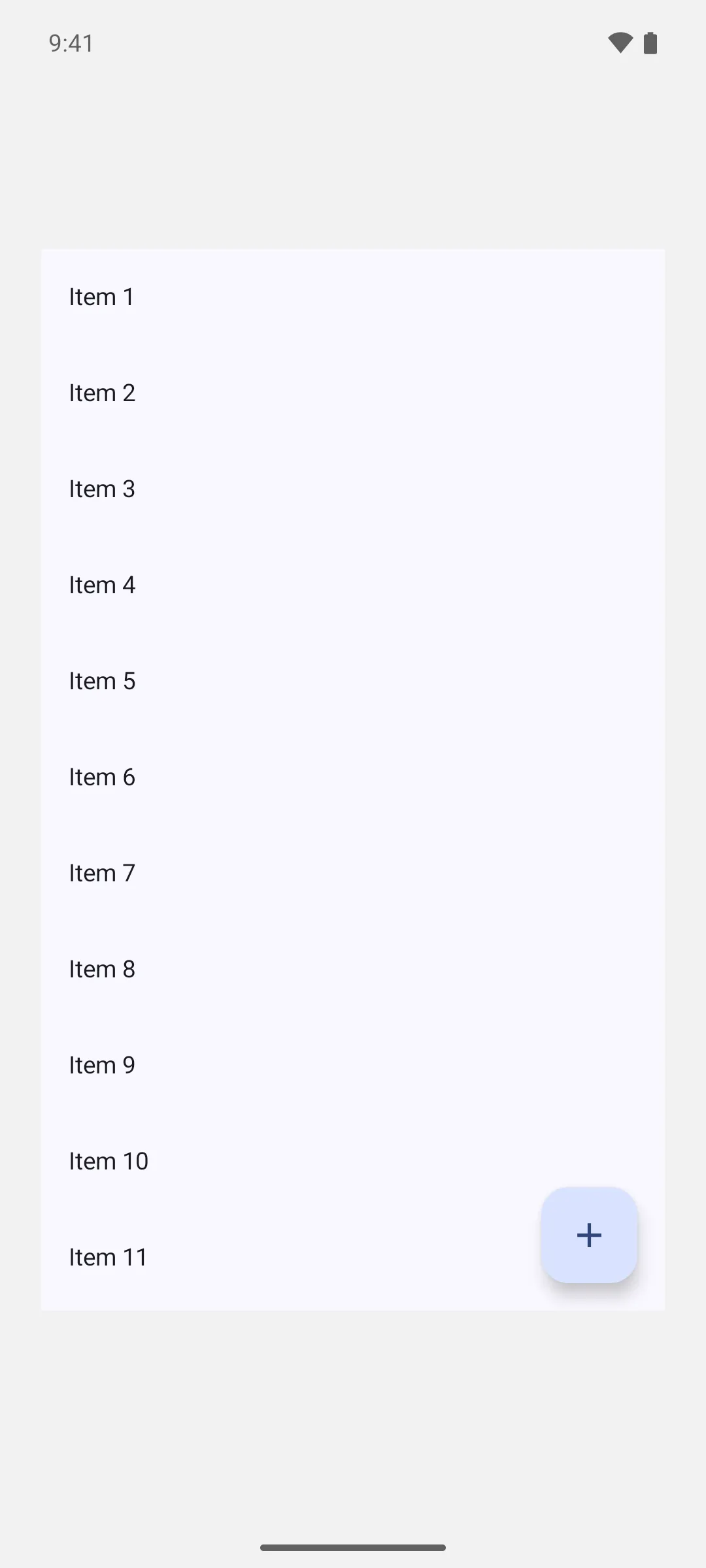 A floating action button in the bottom right corner over a scrollable list of items