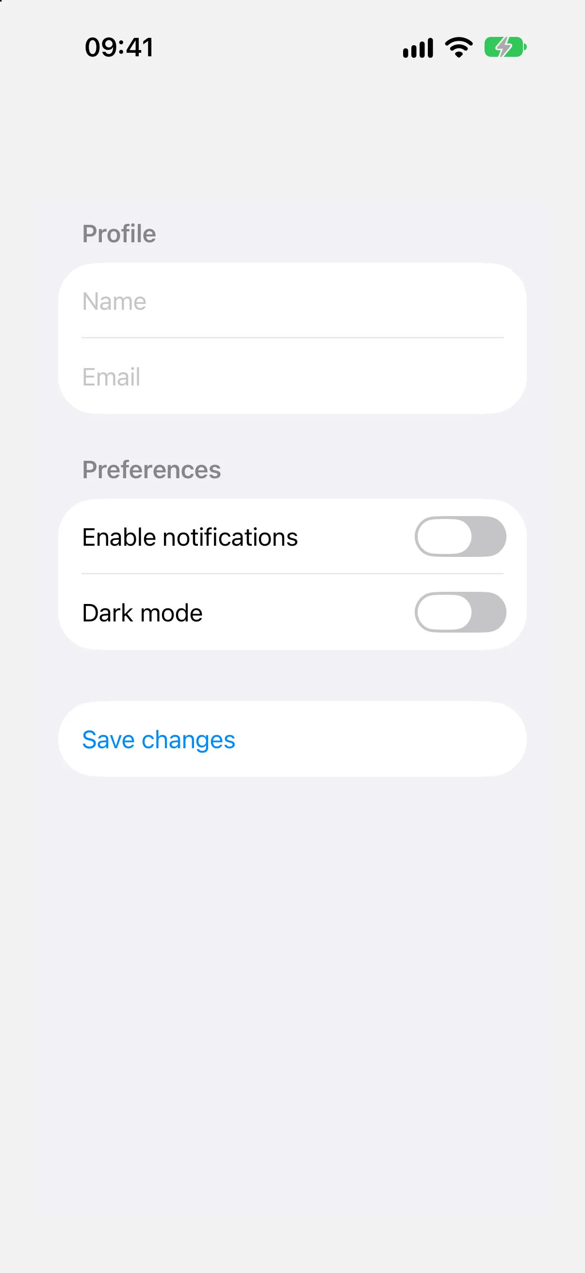 A form with a Profile section of two fields, a Preferences section of two toggles, and a Save changes button