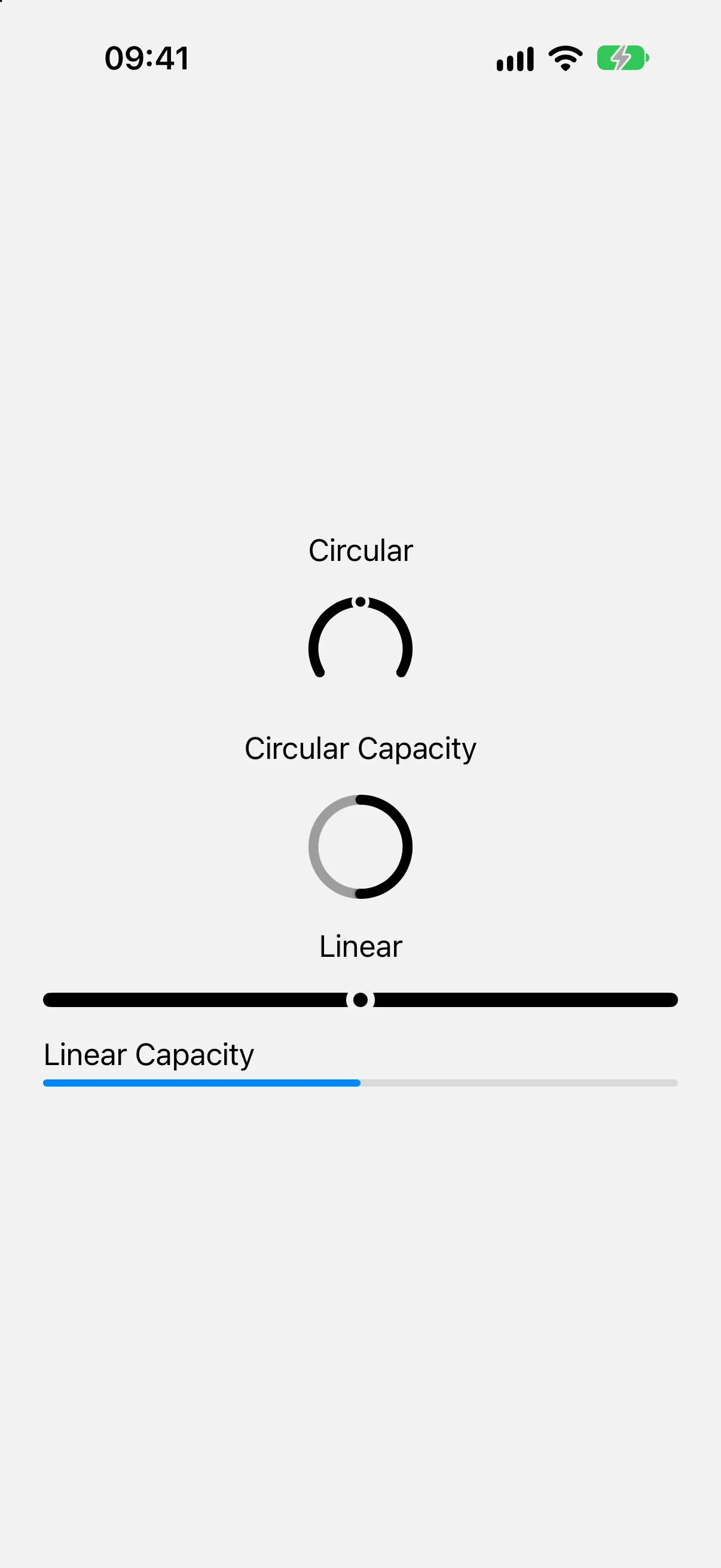 Circular, circular capacity, linear, and linear capacity gauge styles rendered on iOS
