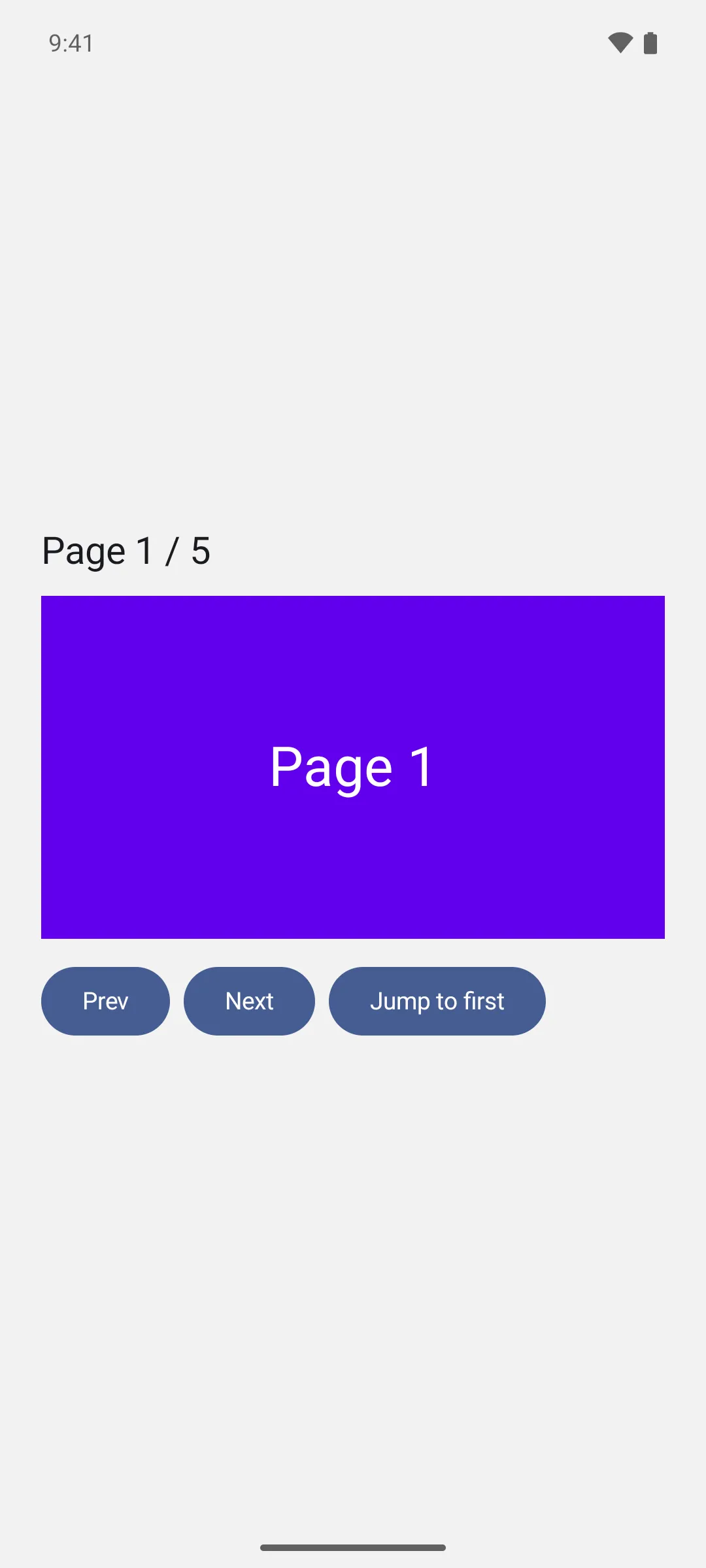 A pager on page 1 of 5 with Prev, Next, and Jump to first buttons below it