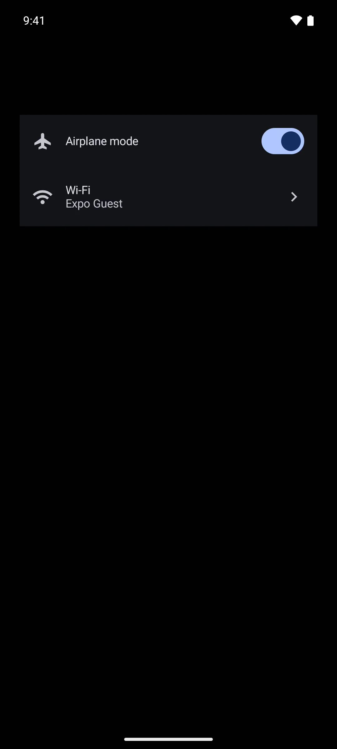 An Airplane mode row with a switch above a Wi-Fi row showing Expo Guest and a chevron