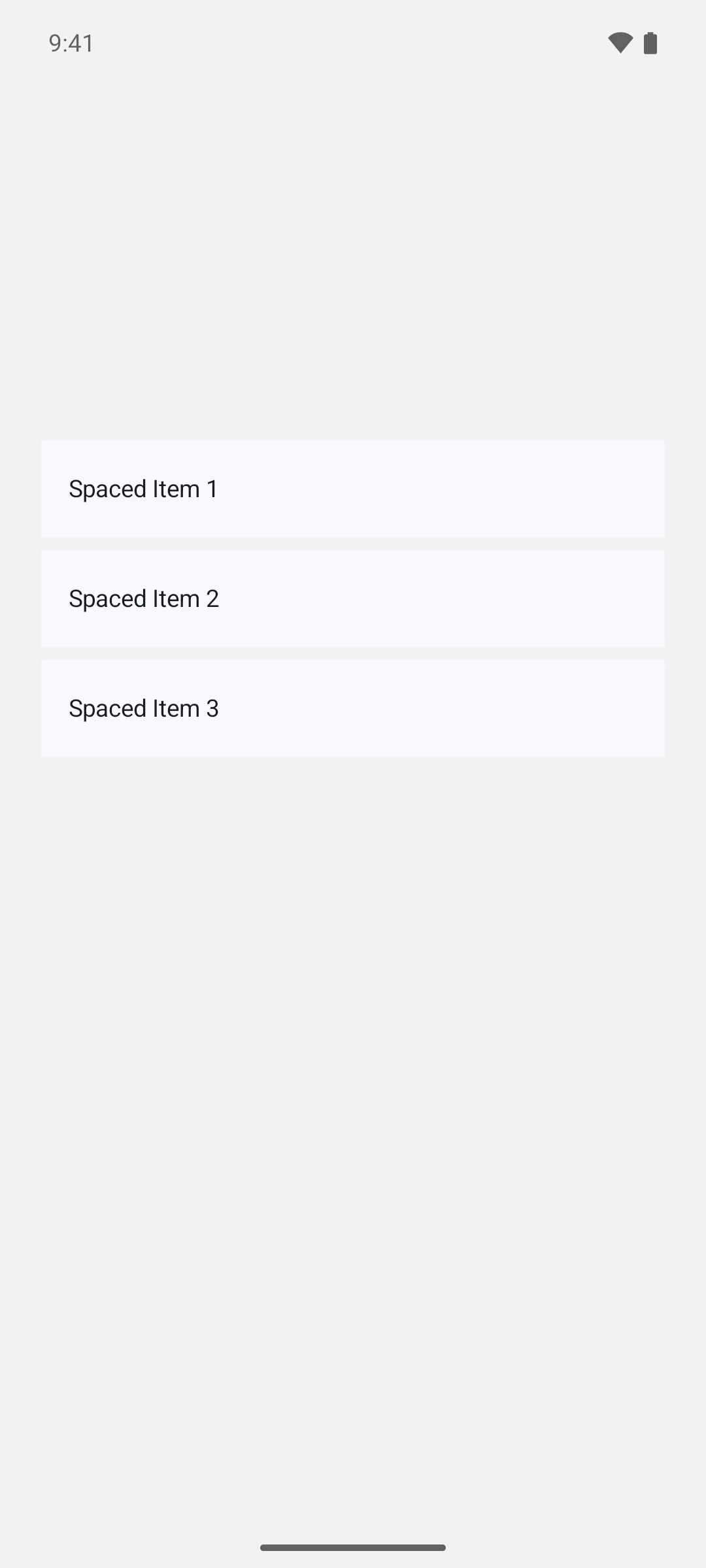 Three list items separated by an eight density independent pixel gap