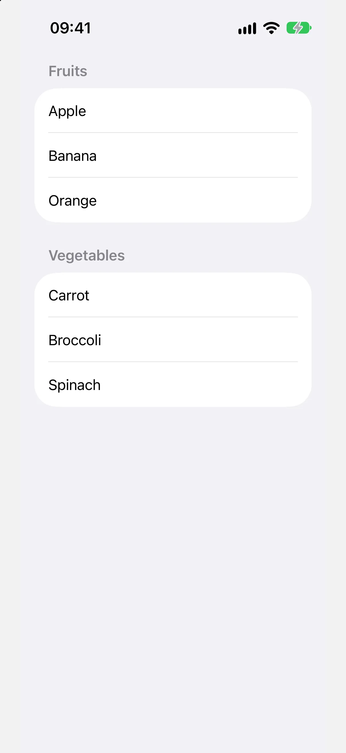 A list with Fruits and Vegetables sections