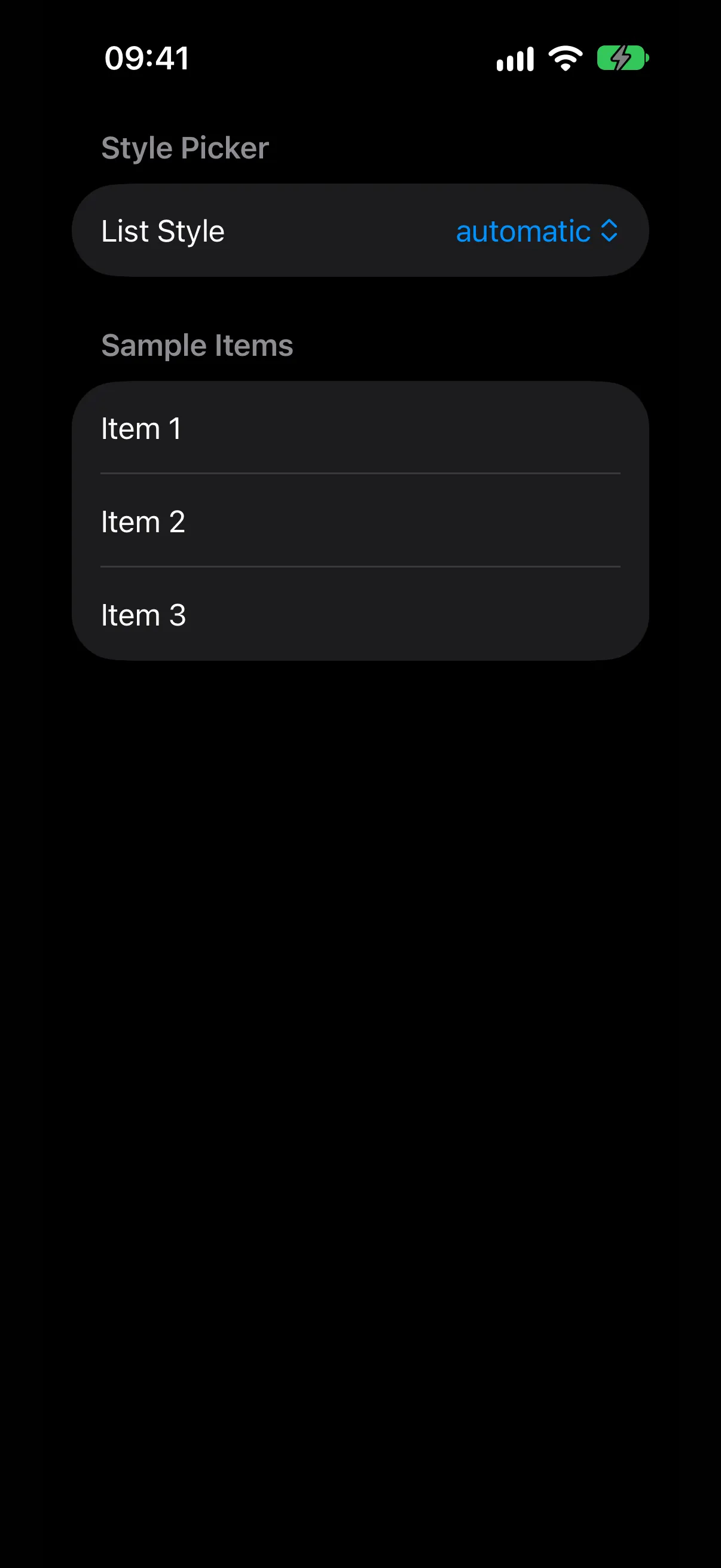 A list with a List Style menu picker set to automatic and three sample items