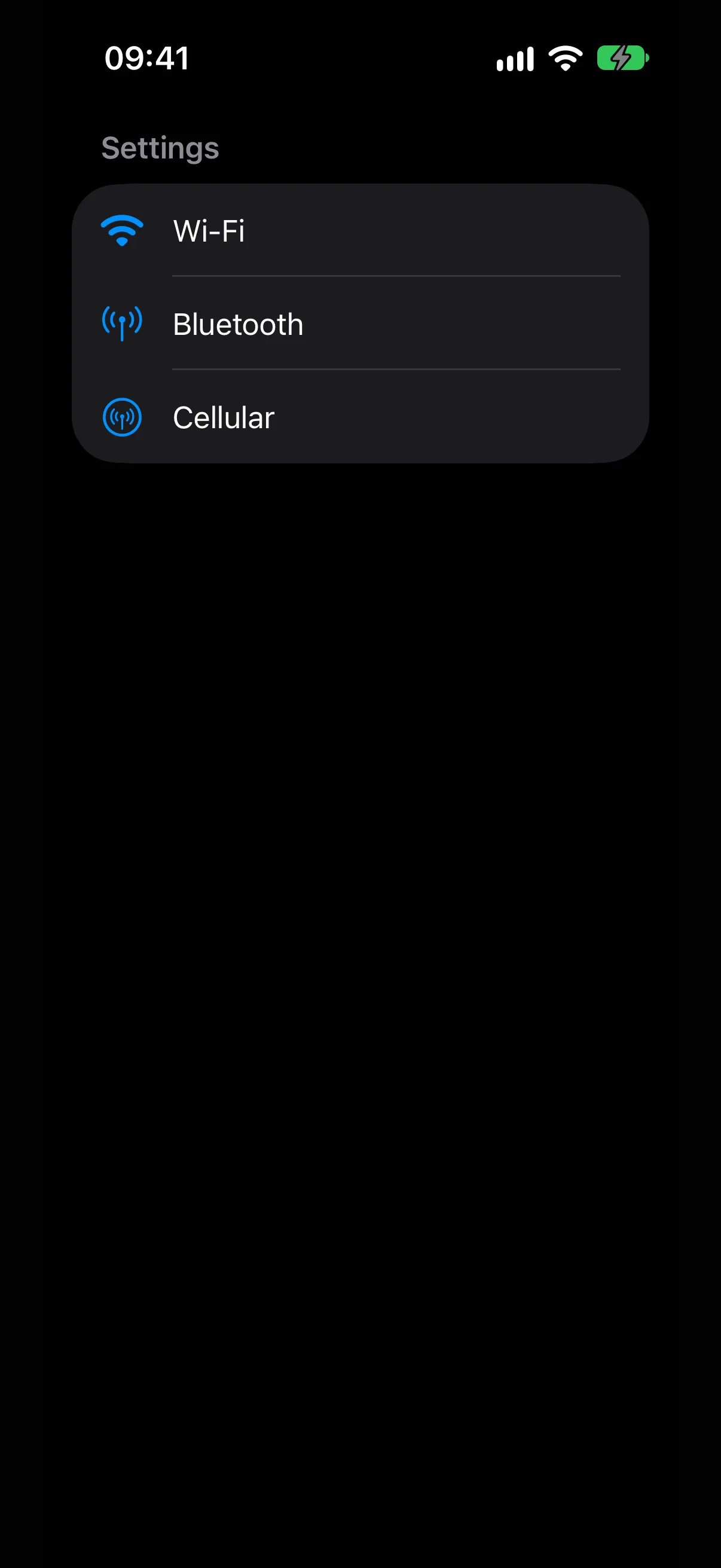 A Settings list with Wi-Fi, Bluetooth, and Cellular rows with blue SF Symbol icons