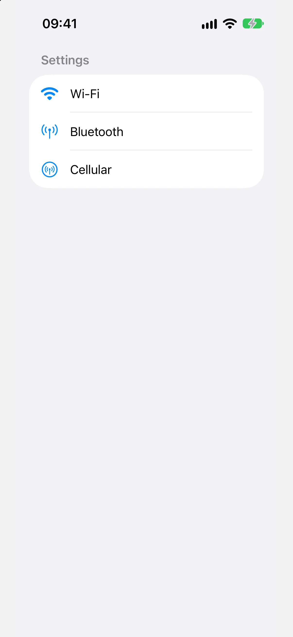 A Settings list with Wi-Fi, Bluetooth, and Cellular rows with blue SF Symbol icons