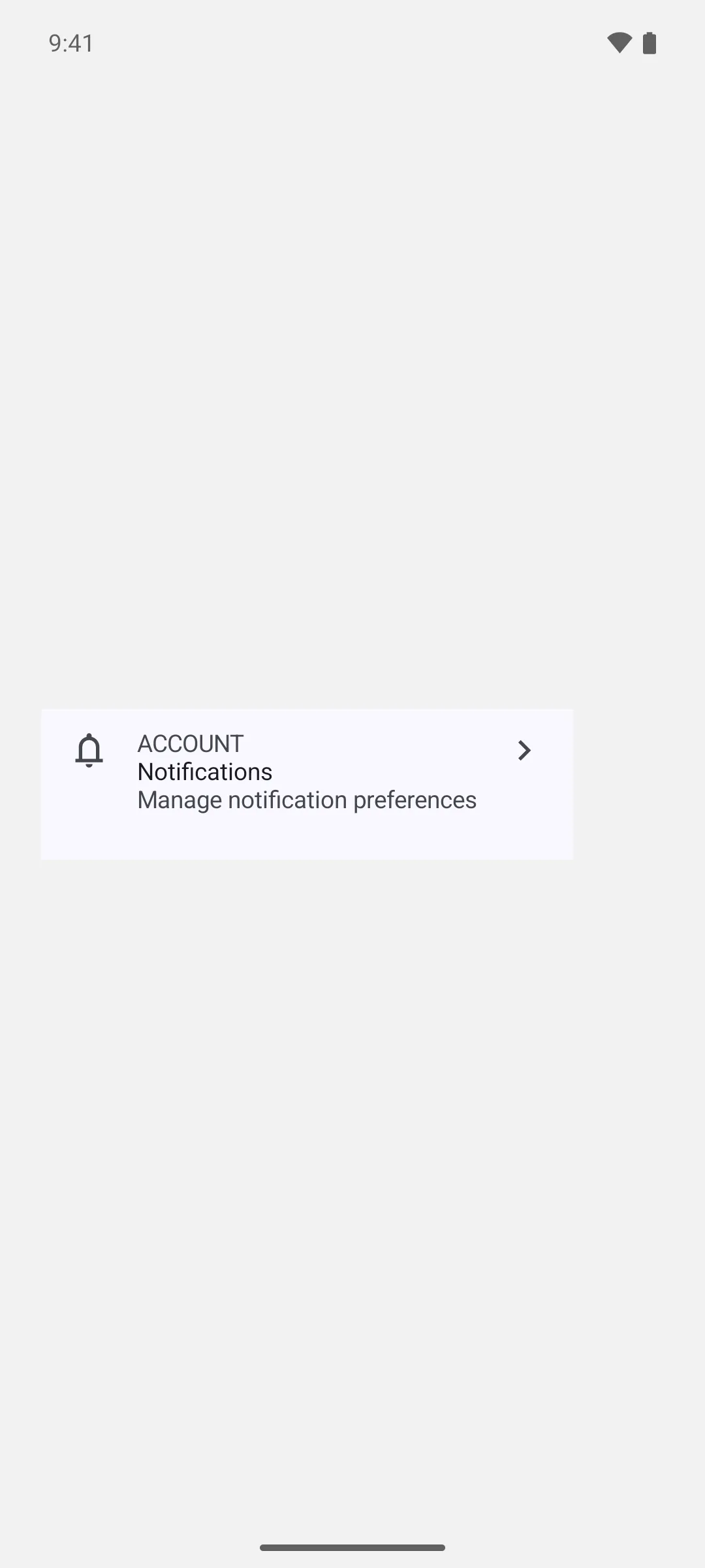 A list row with a bell icon, an ACCOUNT overline, a Notifications headline, supporting text, and a trailing chevron