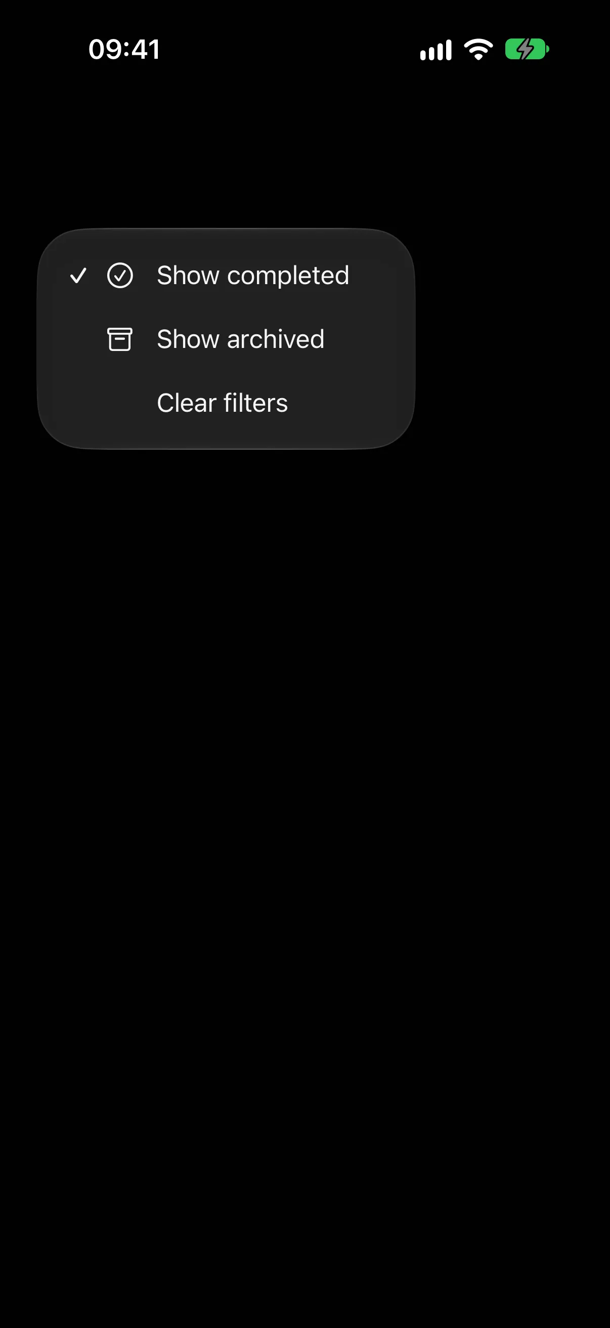 An open menu where Show completed has a checkmark and Show archived does not