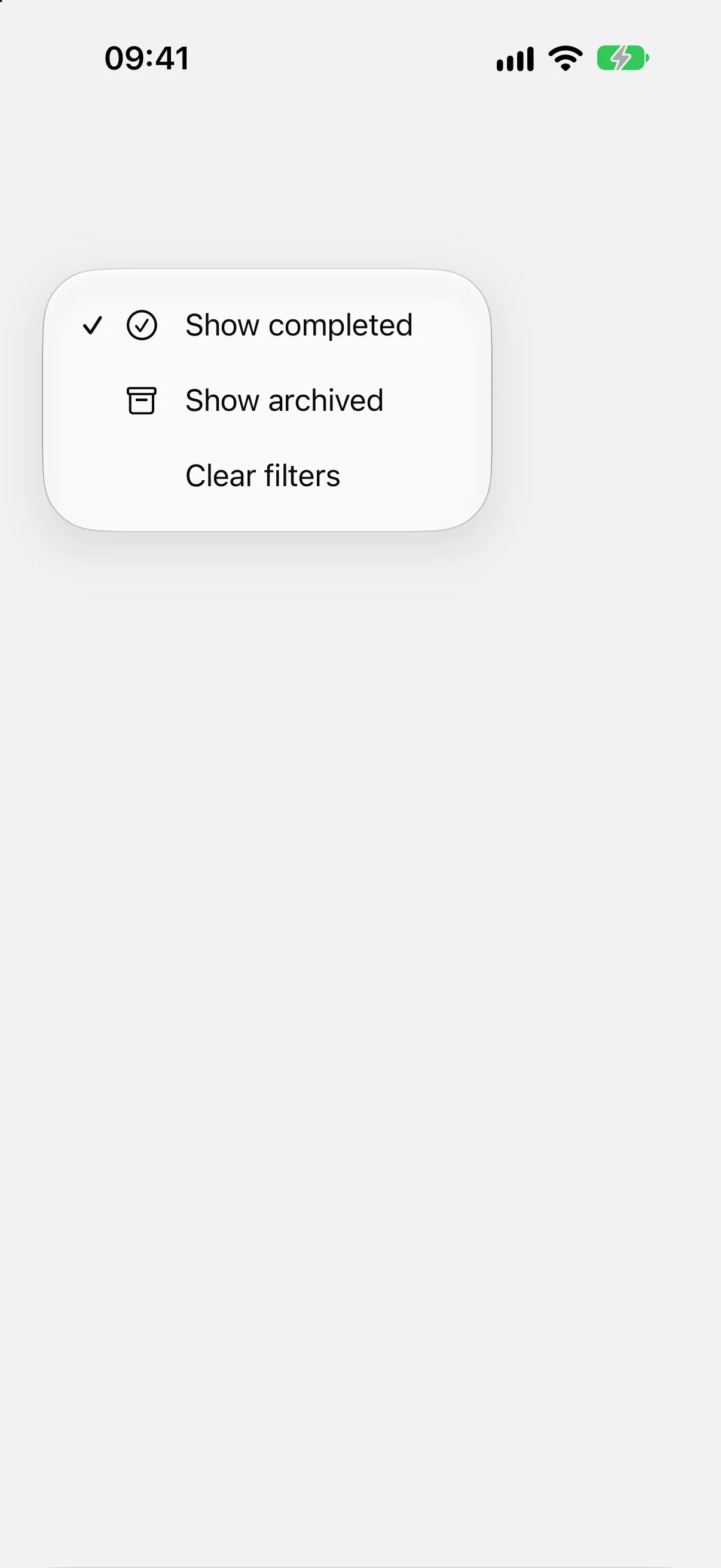 An open menu where Show completed has a checkmark and Show archived does not