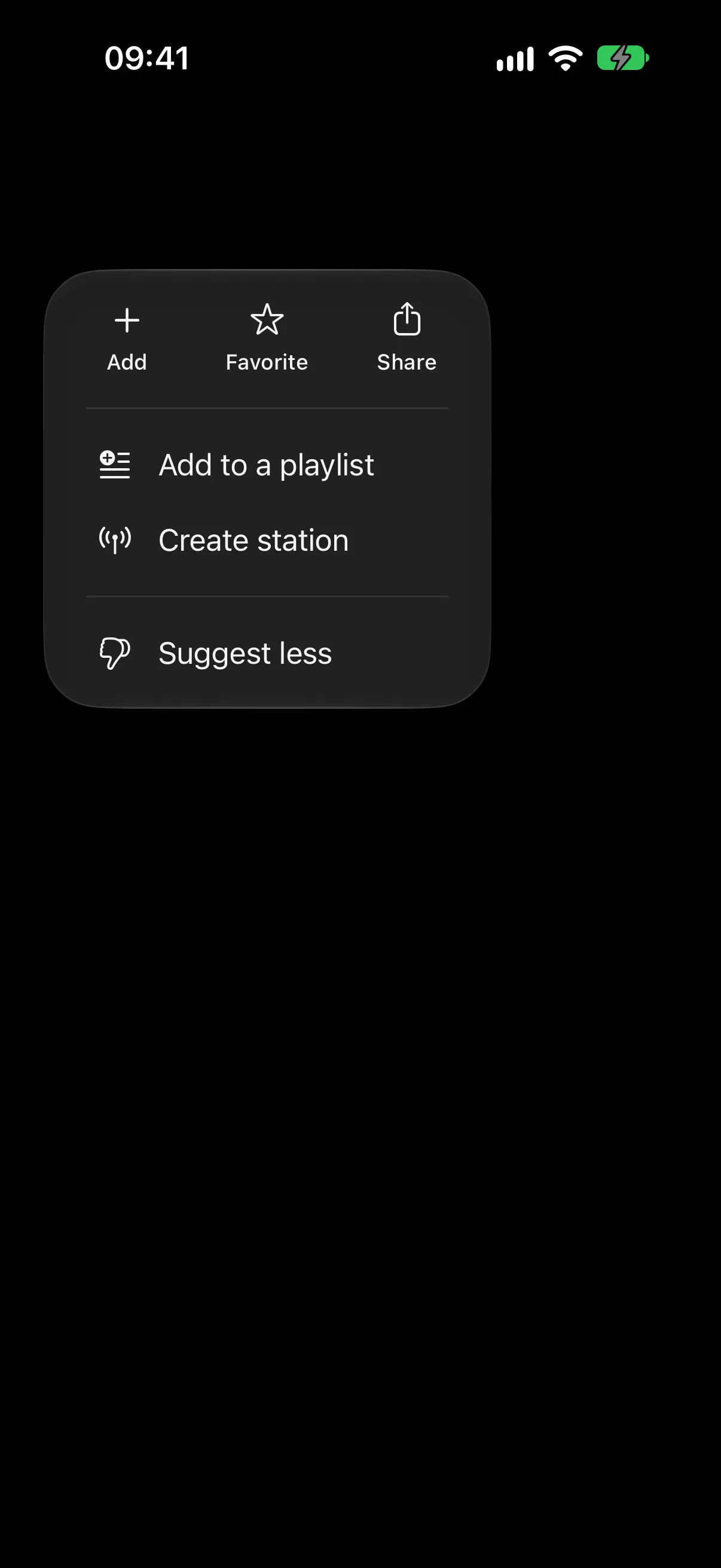 An open menu with an Add, Favorite, and Share row above two sections of list items