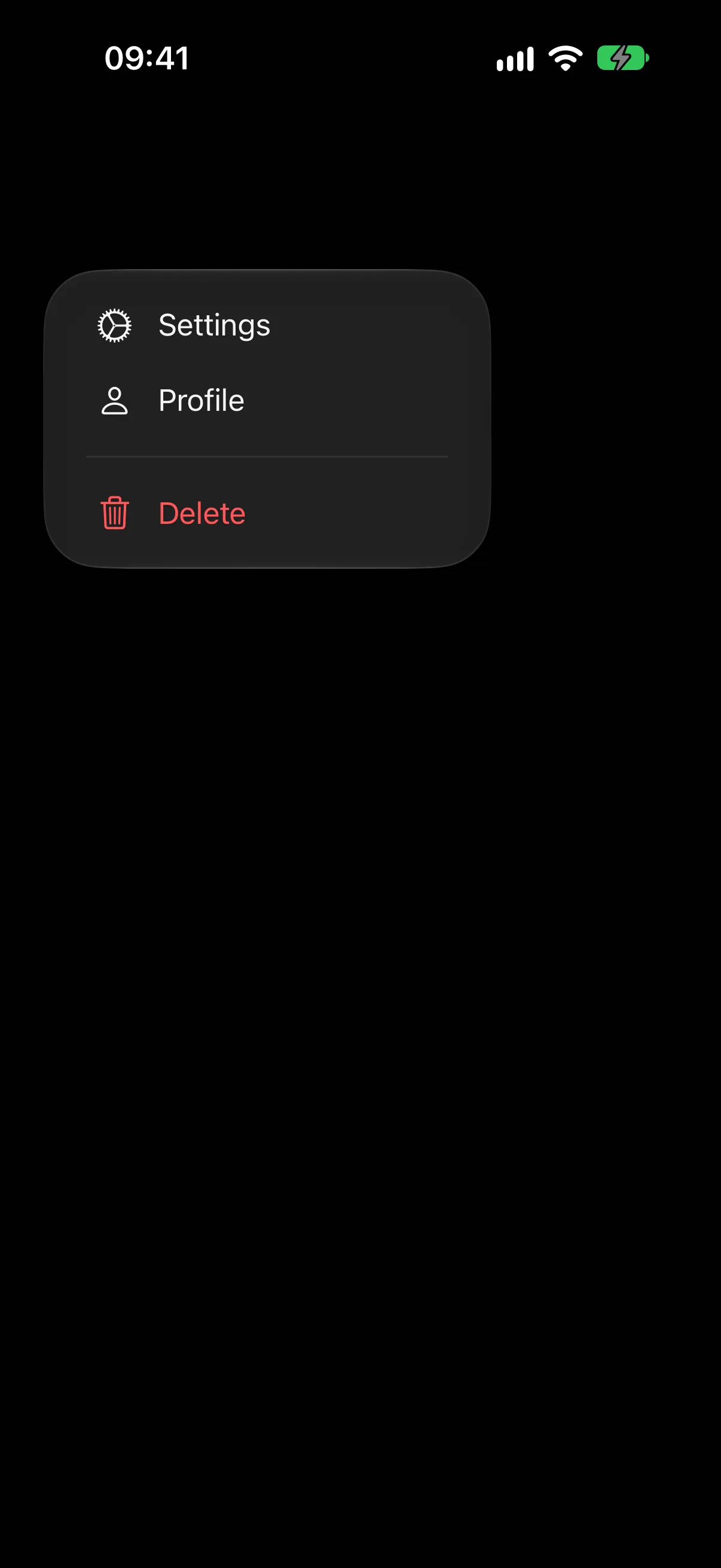 An open menu with Settings and Profile rows, a divider, and a red Delete row