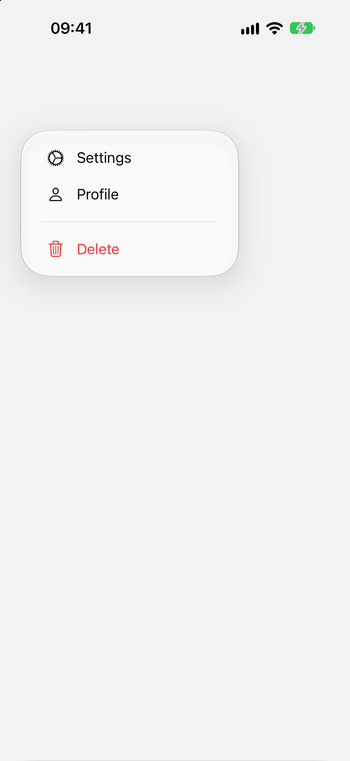 An open menu with Settings and Profile rows, a divider, and a red Delete row