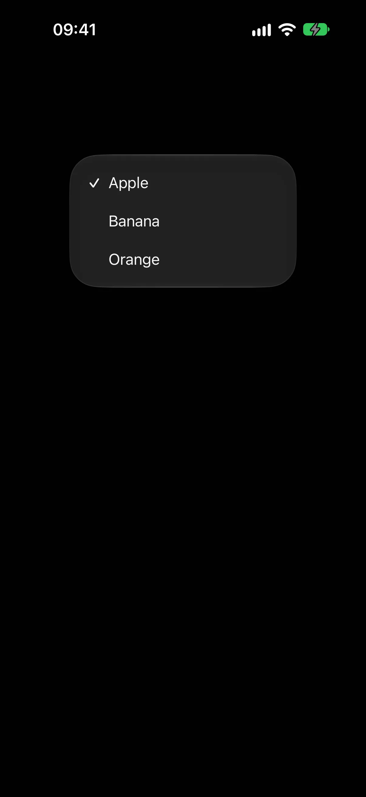 An open menu picker listing Apple with a checkmark, Banana, and Orange