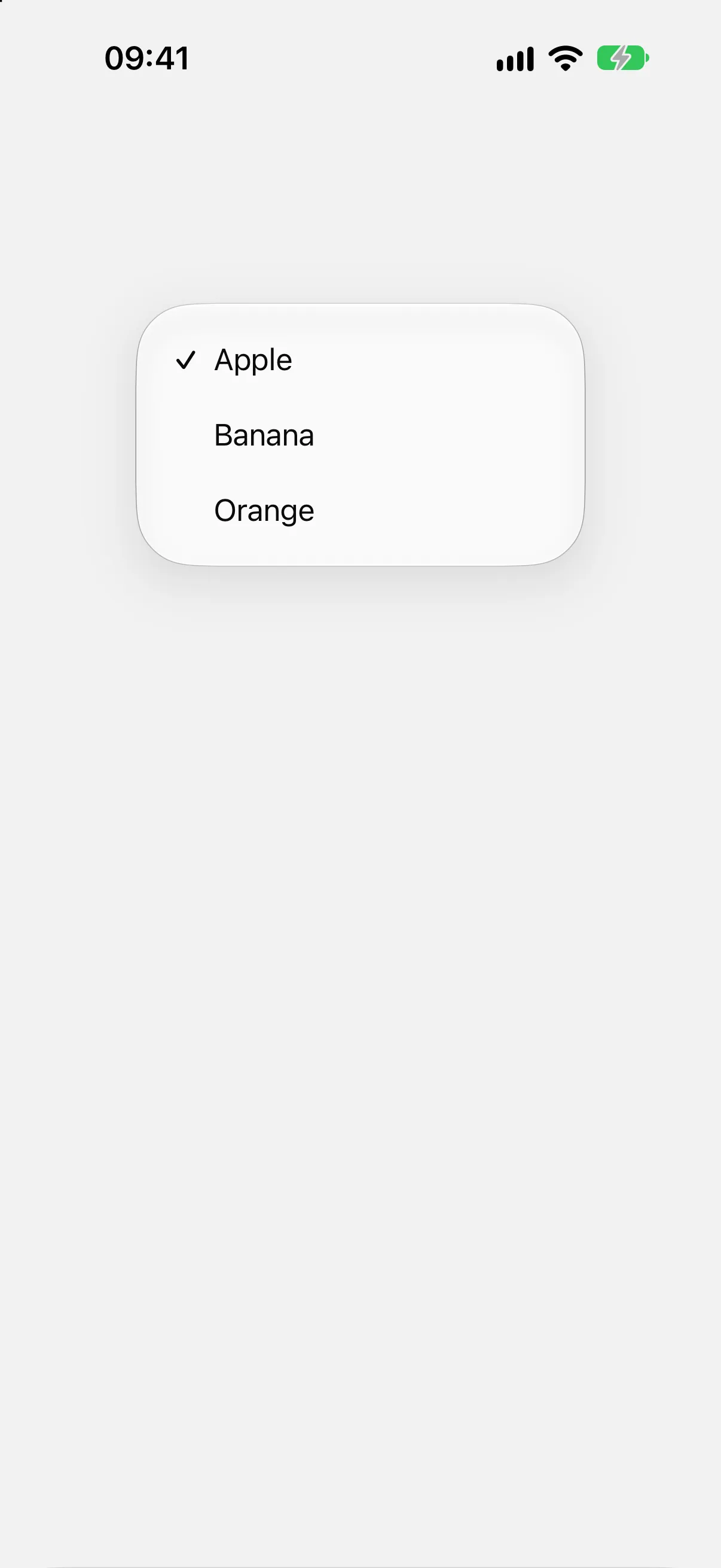 An open menu picker listing Apple with a checkmark, Banana, and Orange