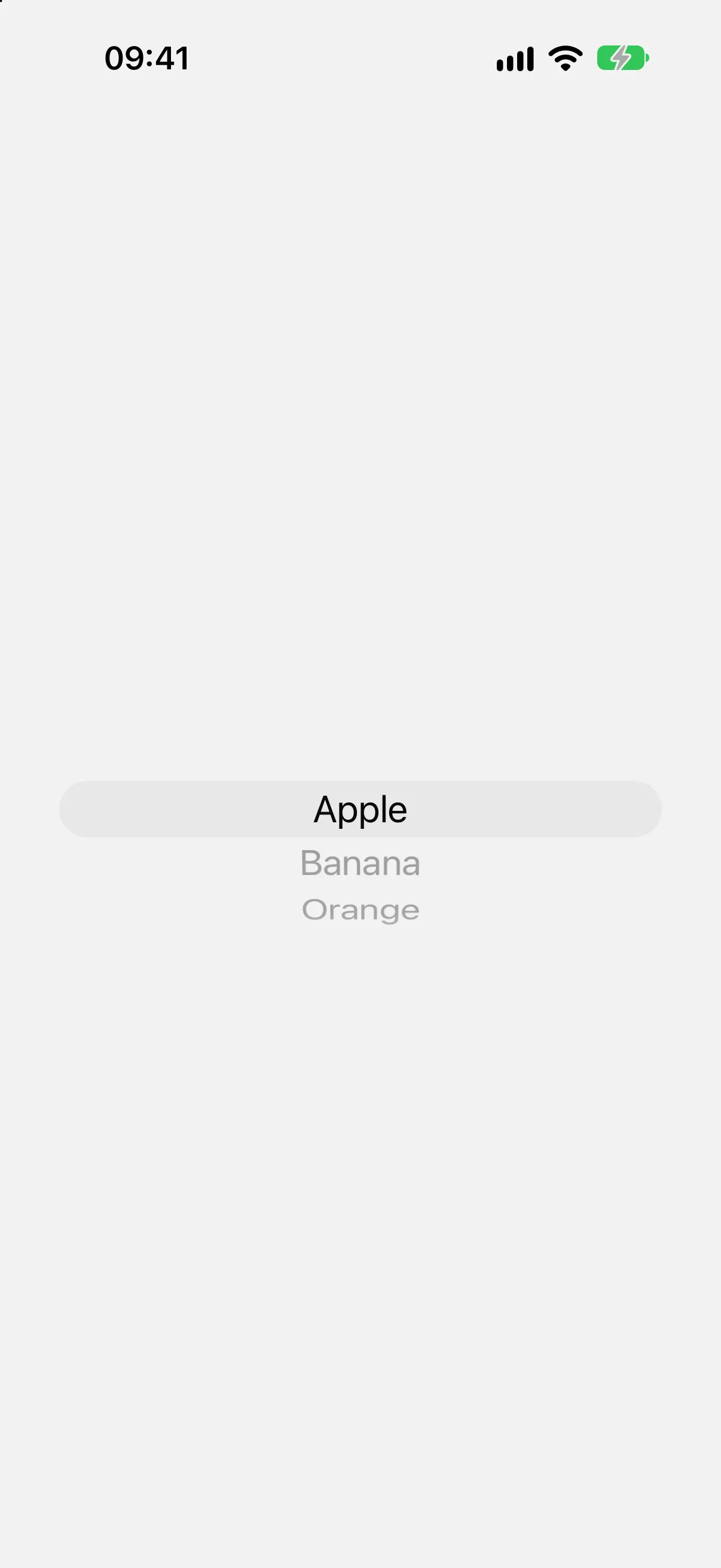 A wheel picker with Apple selected in the center band above Banana and Orange